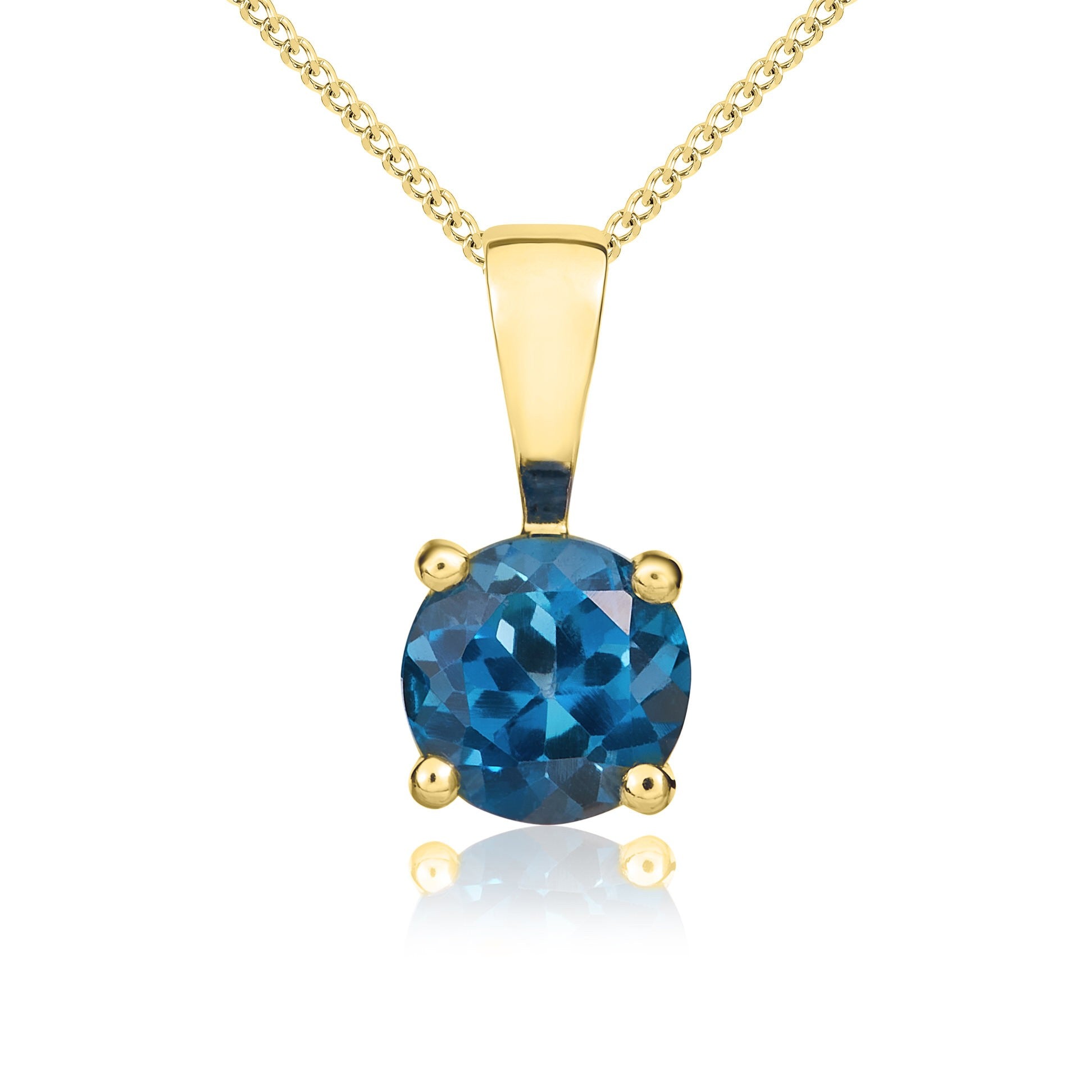 9CT YG 5MM ROUND LONDON BLUE TOPAZ 4 CLAW PENDANT