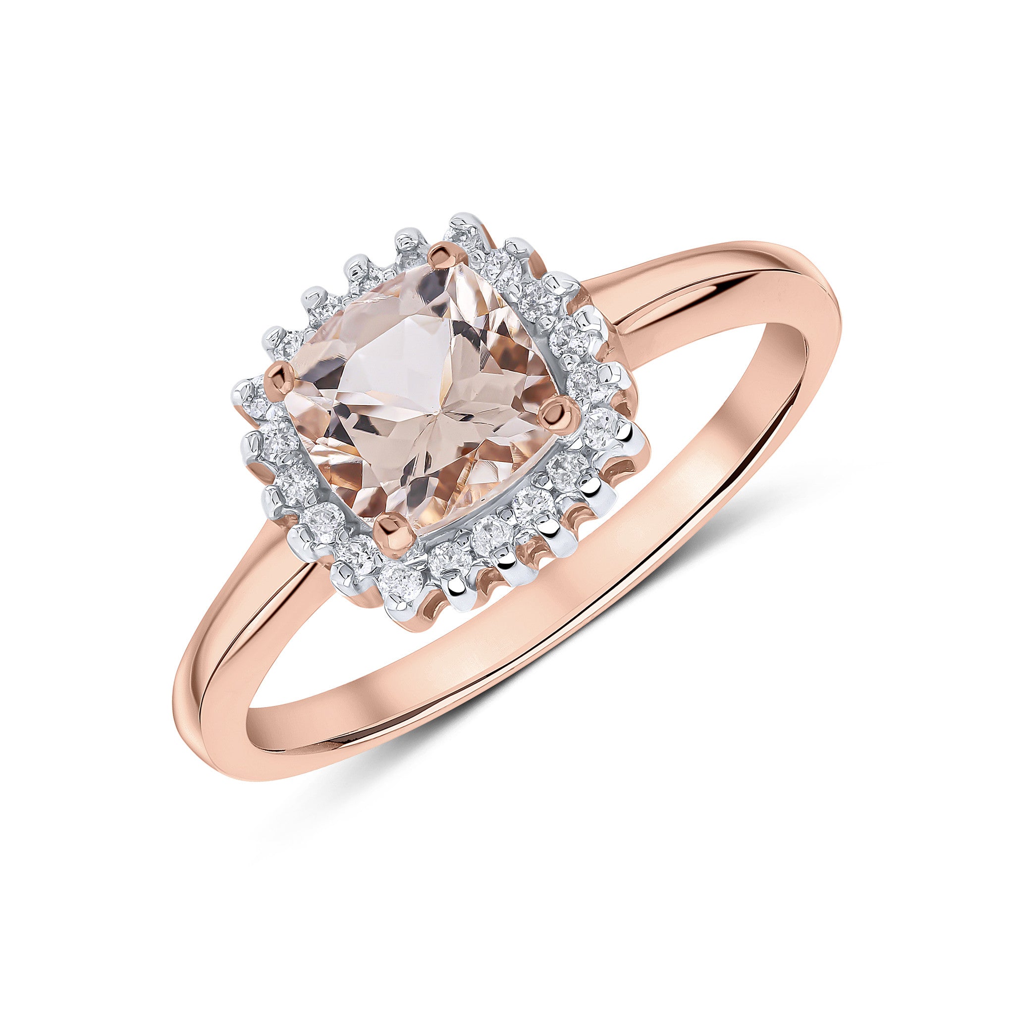 9CT RG 6MM CUSHION MORGAINTE & DIAMOND CLAW SET CLUSTER RING. RHODIUM TO DIAMONDS