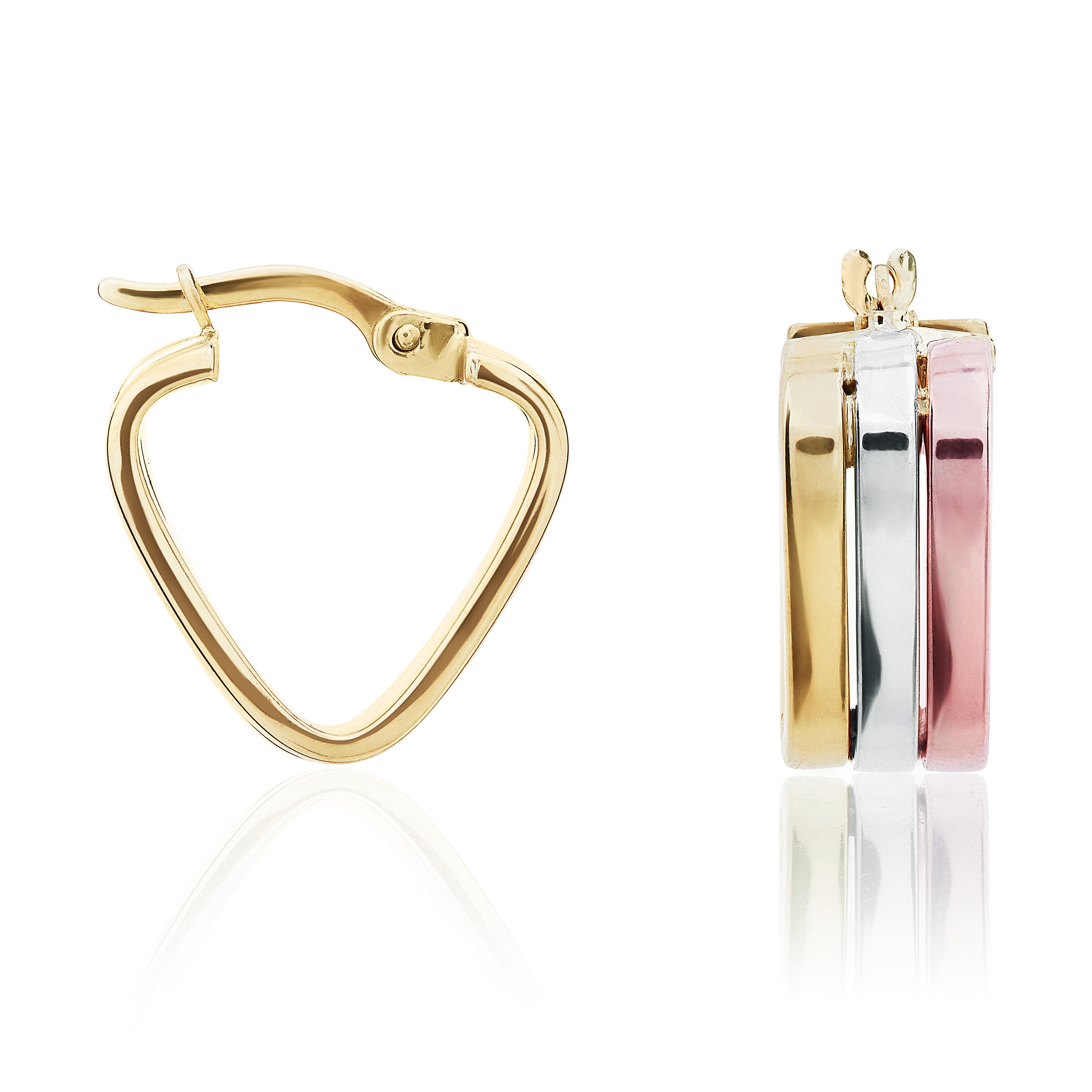9CT YELLOW, WHITE AND ROSE GOLD 3 ROW TRIANGULAR HOOP EARRINGS
