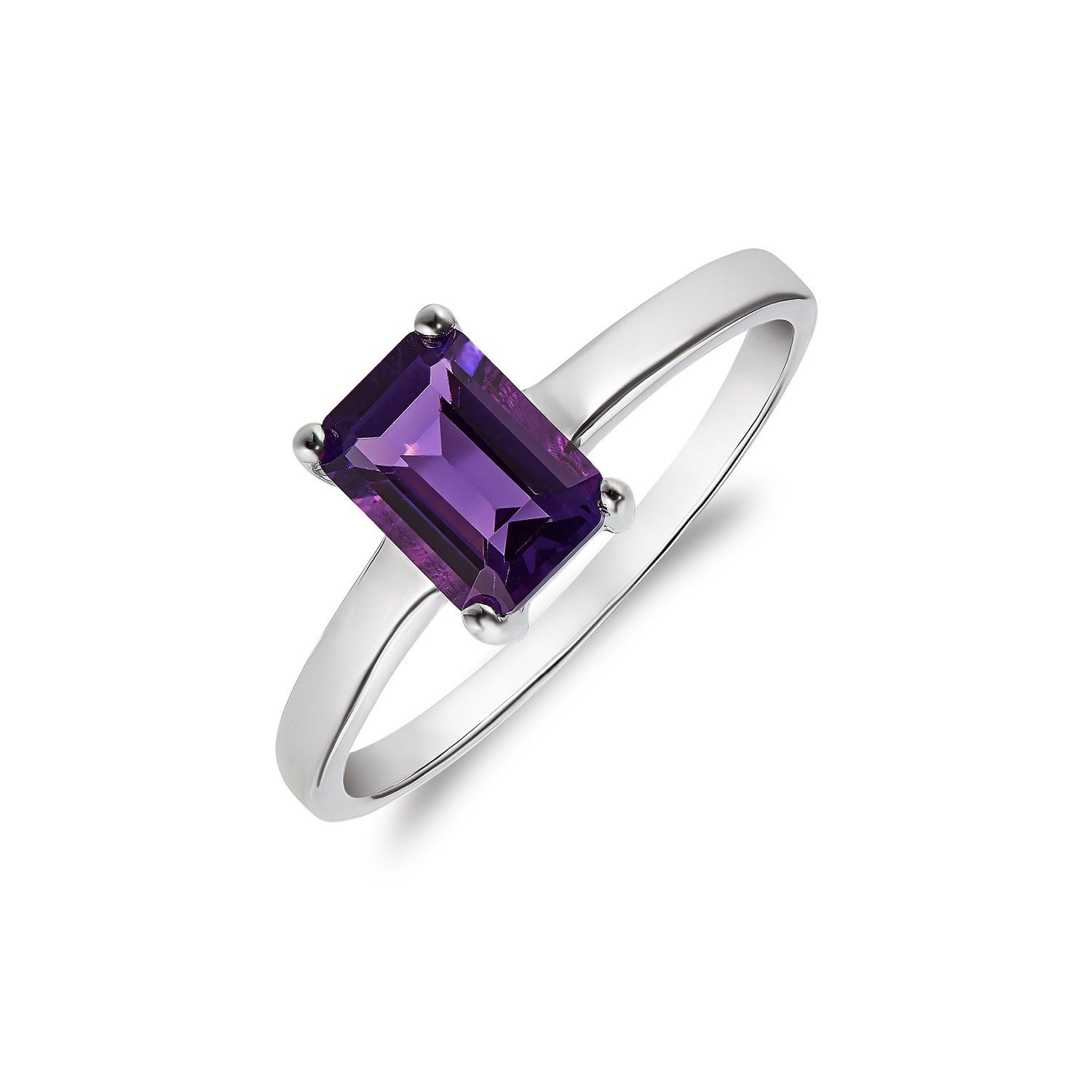 9CT WG 7X5MM OCTAGON AMETHYST CLAW SET SINGLE STONE RING