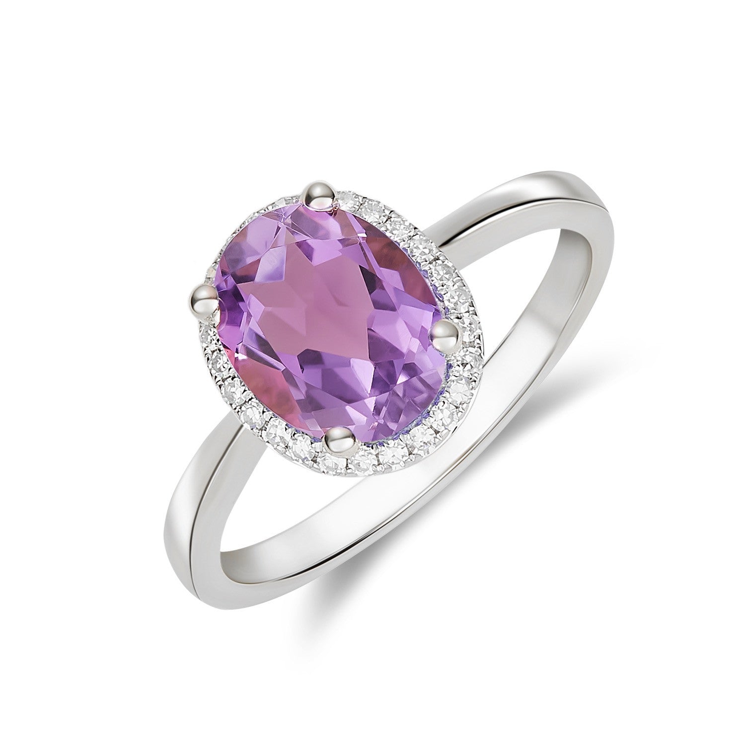 9CT WG 9X7 OVAL AMETHYST & DIAMOND CLAW SET CLUSTER RING