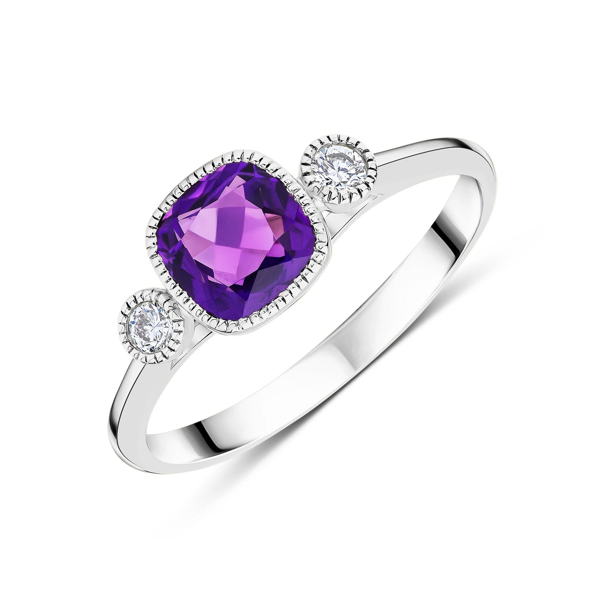 9CT WG 6MM CUSHION AMETHYST & ROUND DIAMOND MILLEGRAIN SET 3ST RING