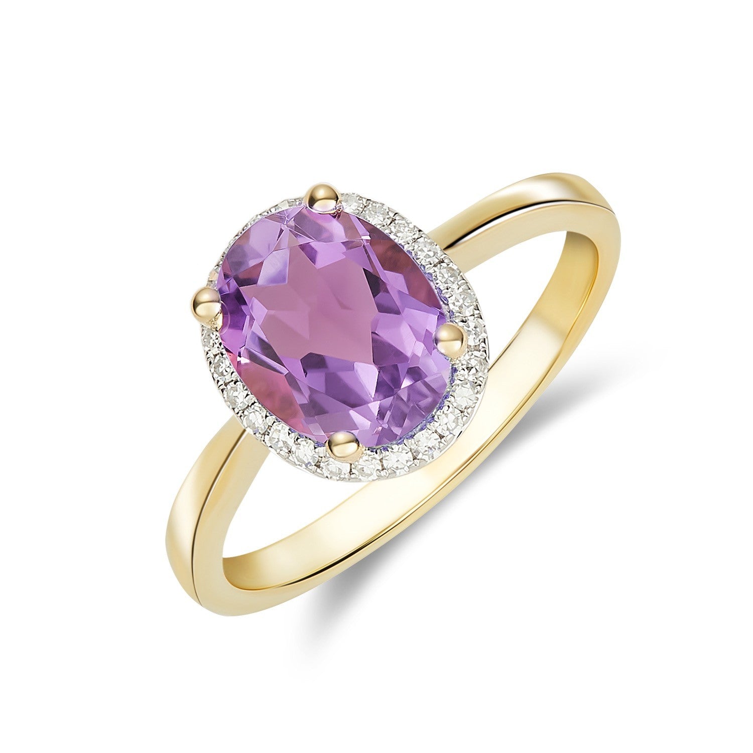 9CT YG 9X7 OVAL AMETHYST & DIAMOND CLAW SET CLUSTER RING. RHODIUM TO DIAMONDS