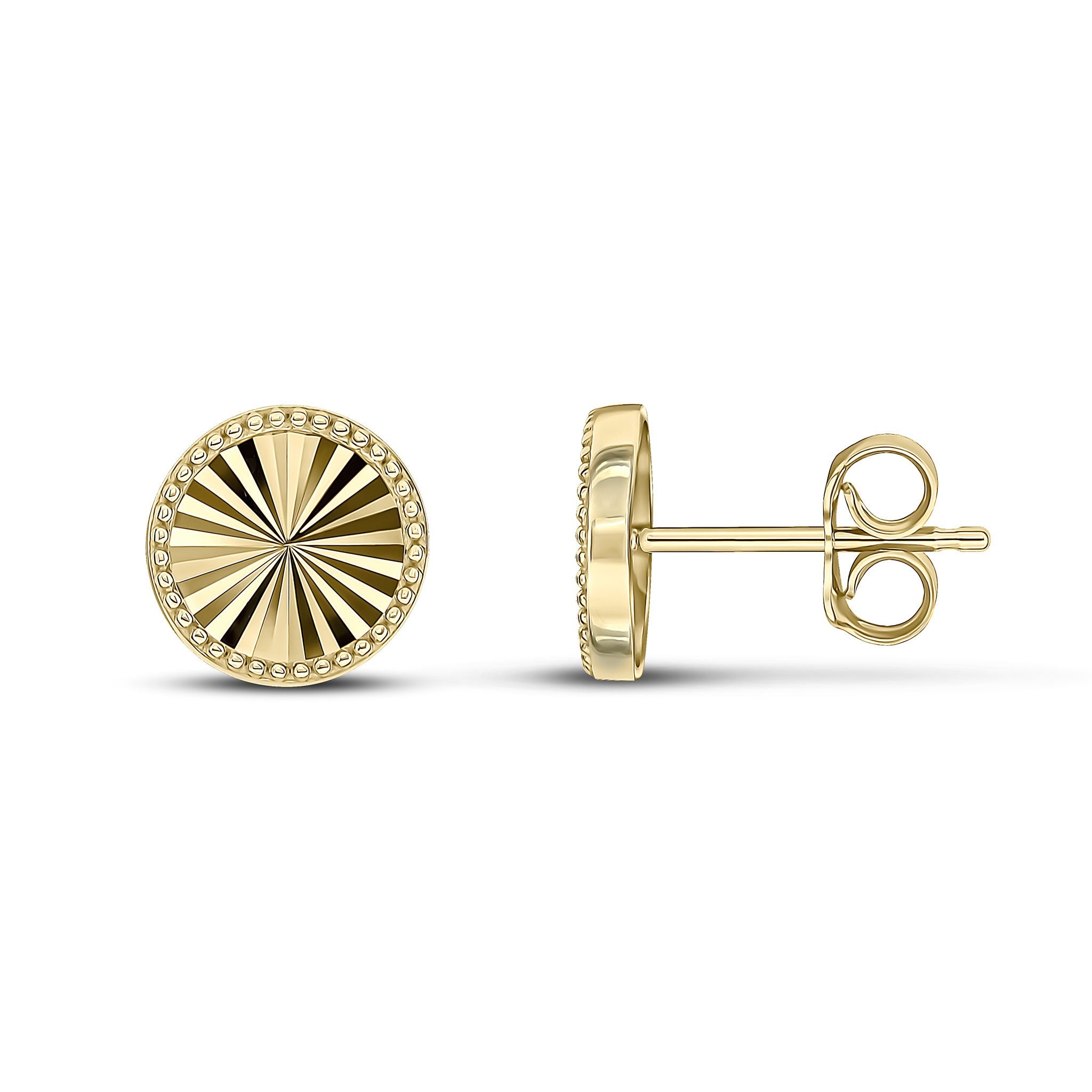 9CT YG DIAMOND CUT ROUND STUD EARRINGS WITH BEADED EDGE. LARGE
