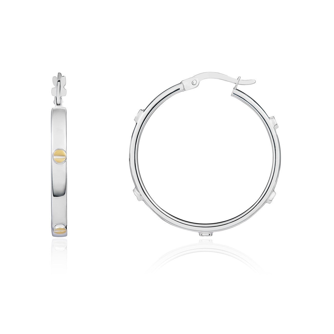 9CT WG SQUARE PROFILE HOOP EARRINGS WITH YELLOW GOLD SCREW MOTIFS. 28MM OUTER DIAMETER