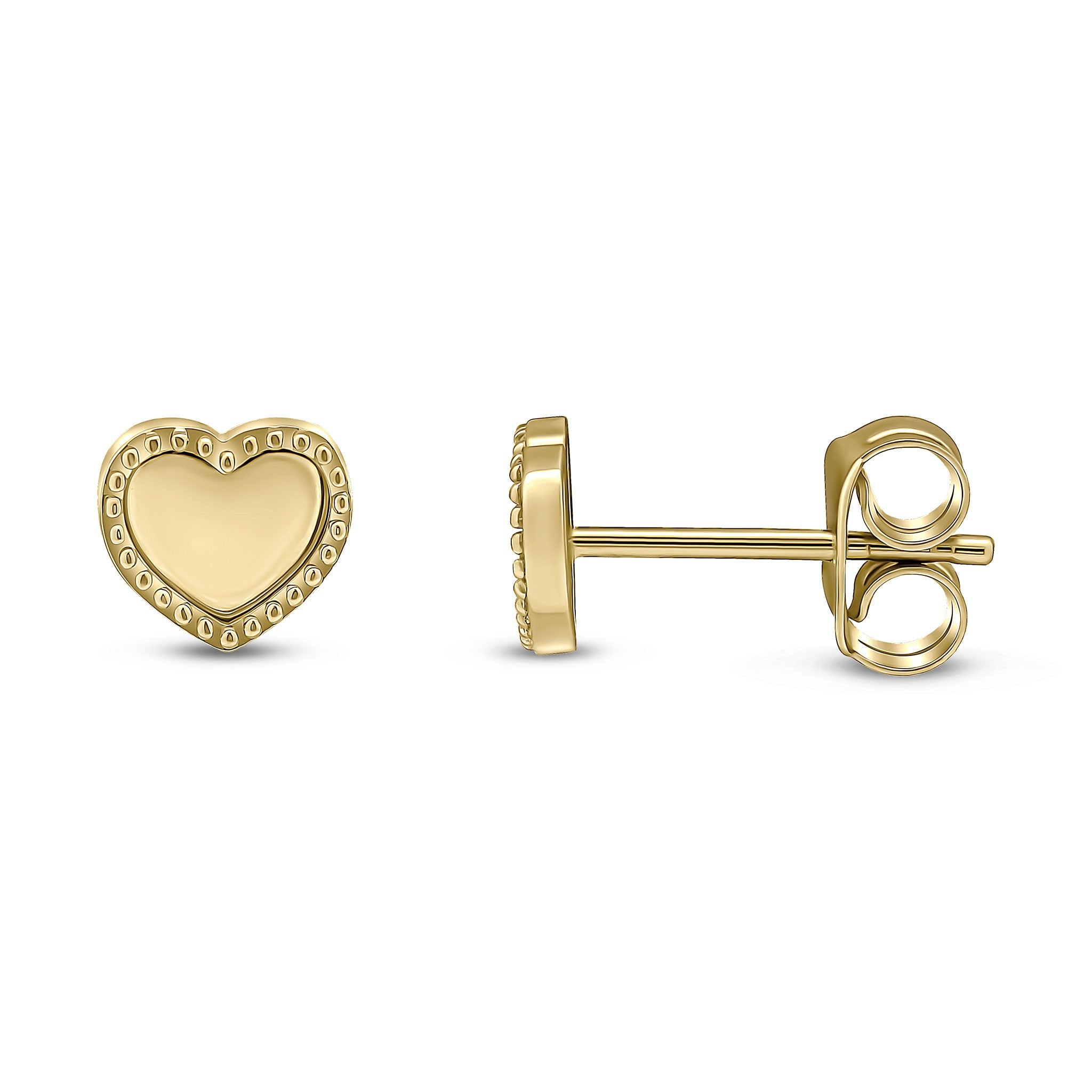 9CT YG POLISHED HEART STUD EARRINGS WITH BEADED EDGE. SMALL