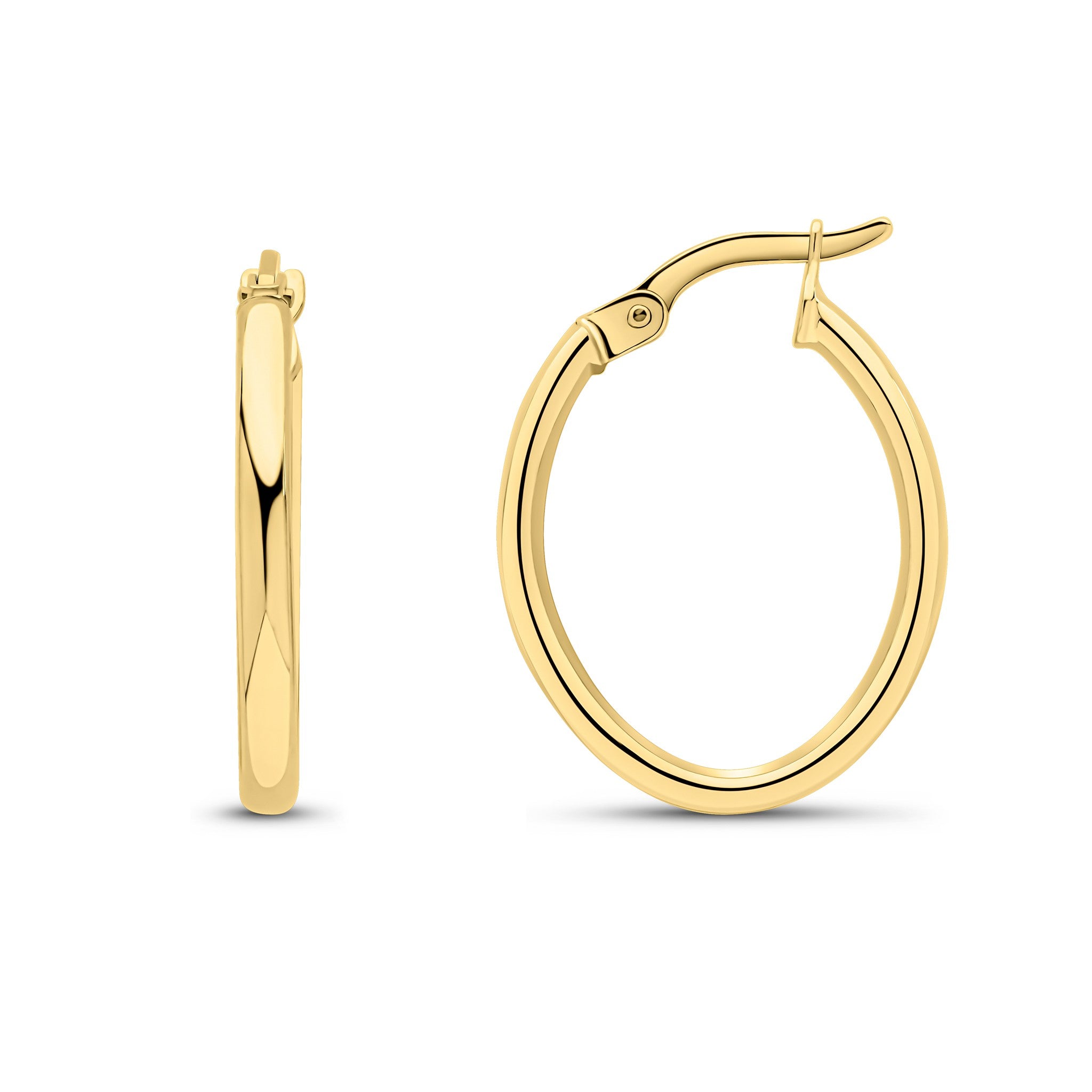 9CT YG 2MM POLISHED TUBE OVAL HOOP EARRINGS. 19MM LONG