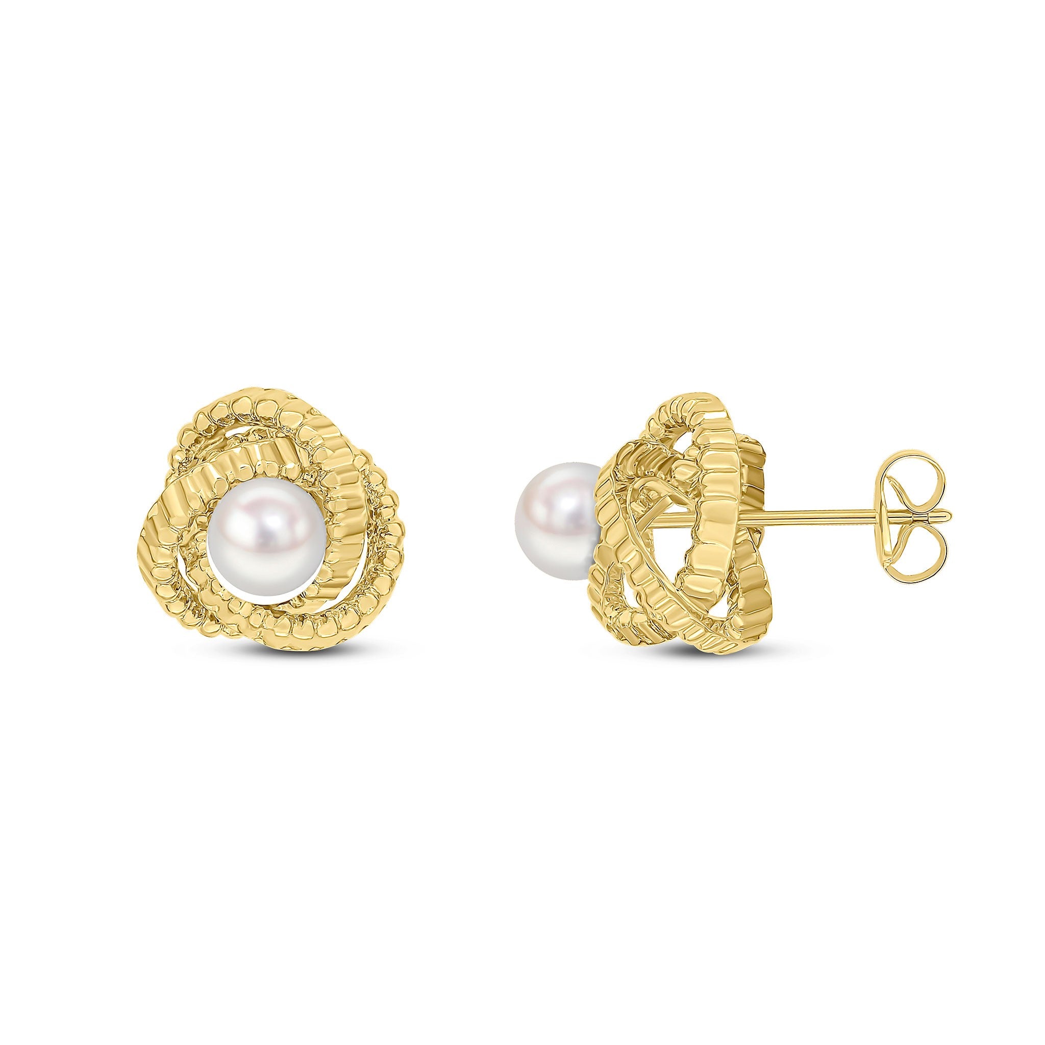 9CT YELLOW GOLD TEXTURED KNOT STUD EARRINGS WITH 5MM CULTURED FRESHWATER PEARL CENTRE