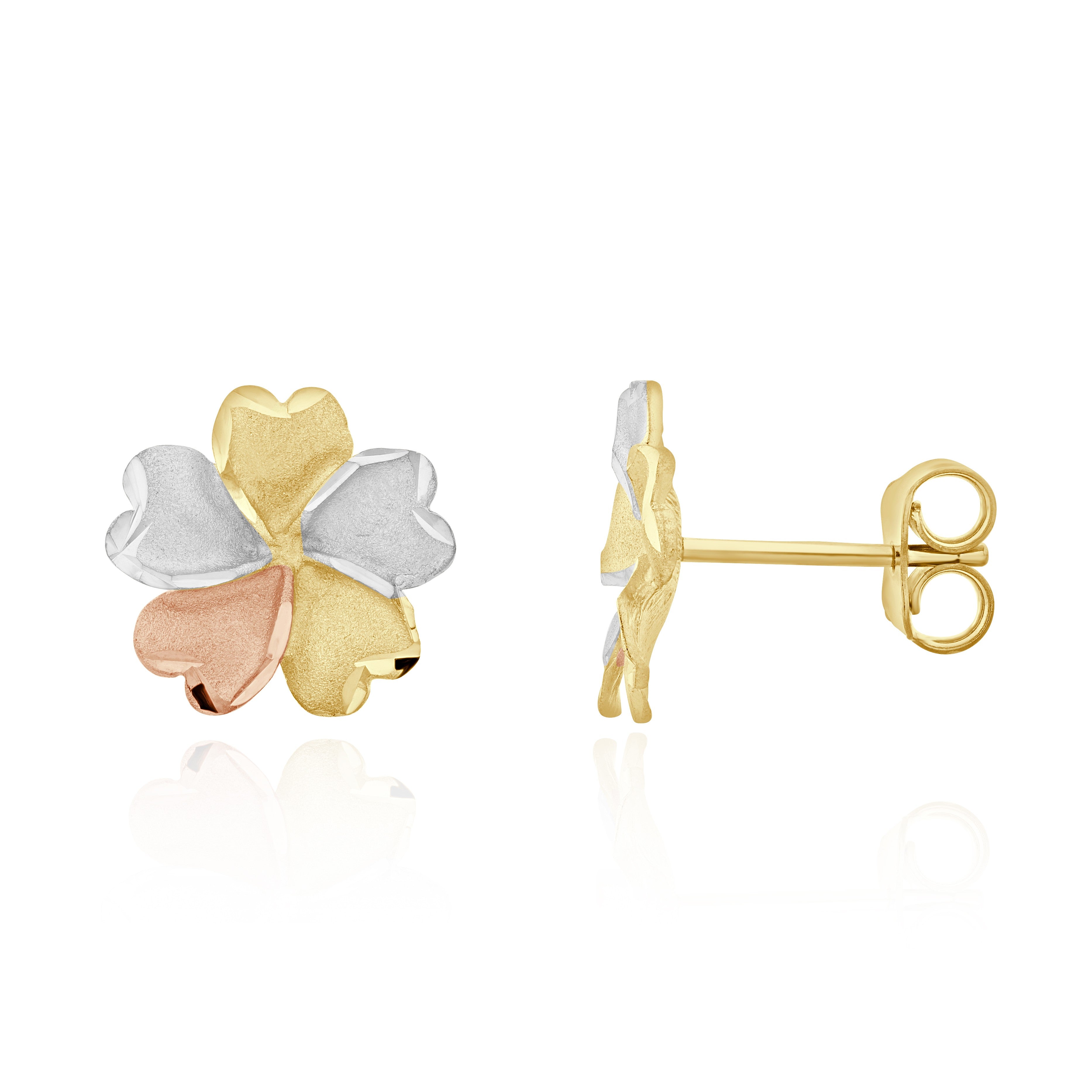 9CT YELLOW, WHITE AND ROSE GOLD POLISHED AND SATIN FLOWER STUD EARRINGS