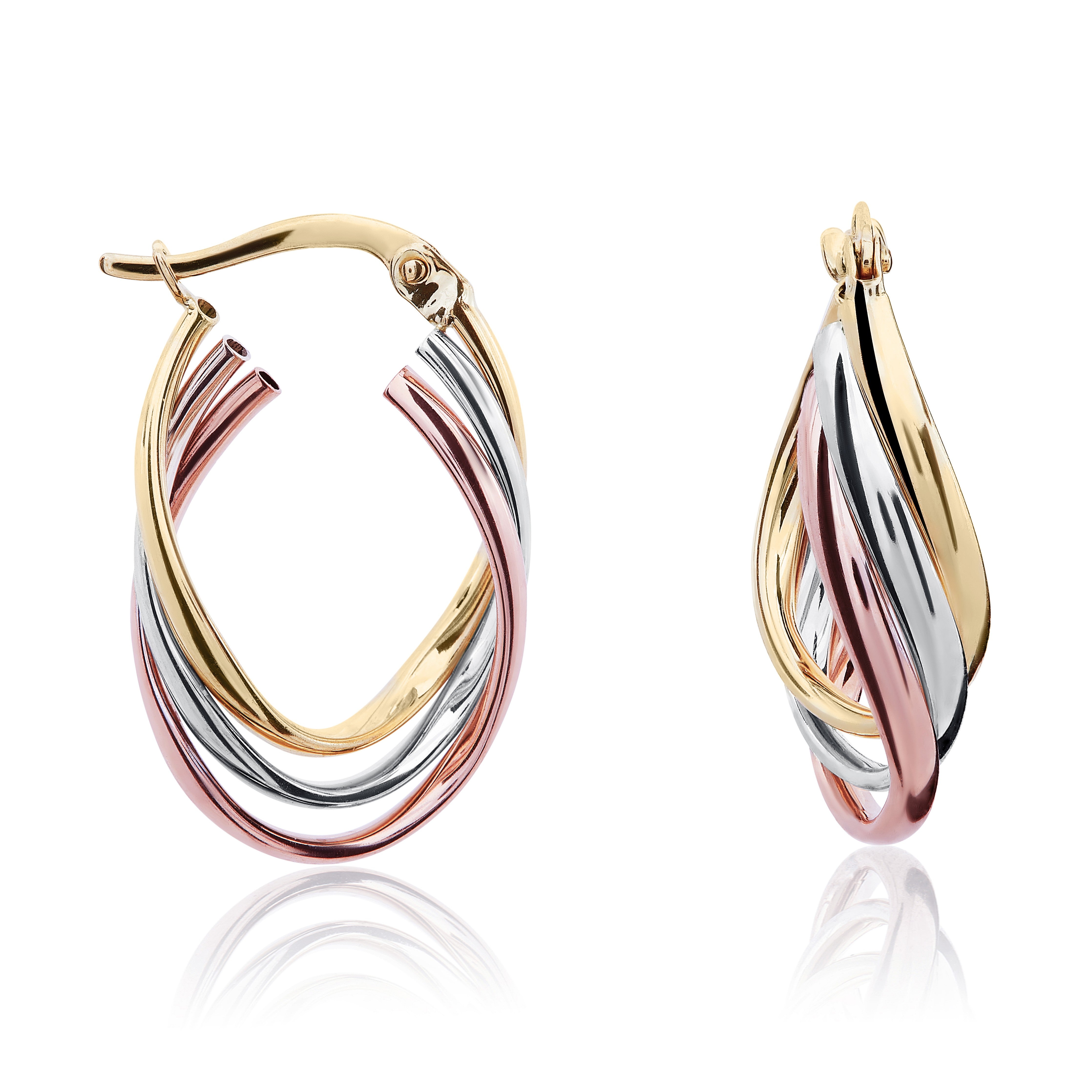 9CT 3 COLOUR GOLD 3 ROW WAVY OVAL HOOP EARRINGS