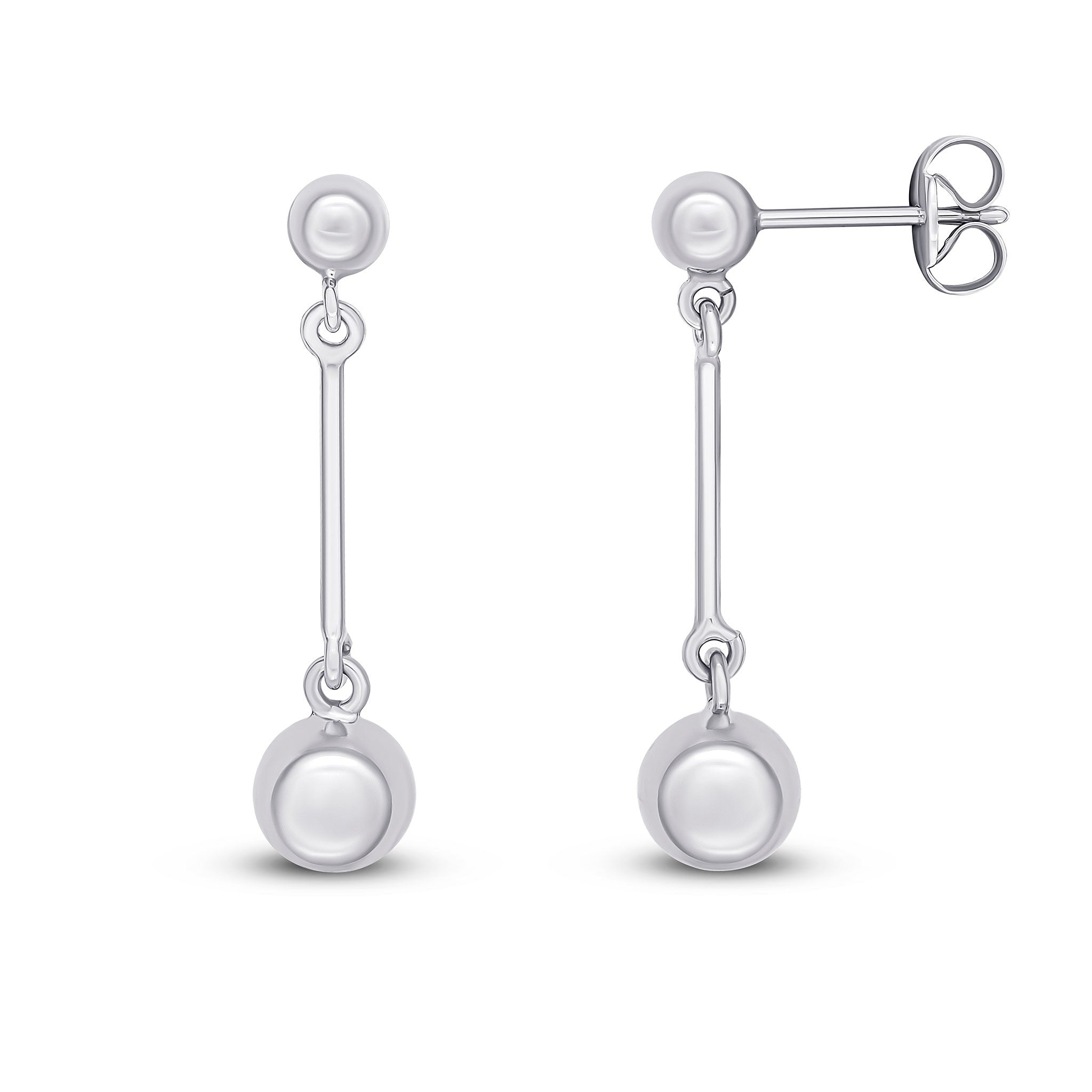 9CT WHITE GOLD 4MM AND 6MM POLISHED BALLS AND BAR DROP EARRINGS