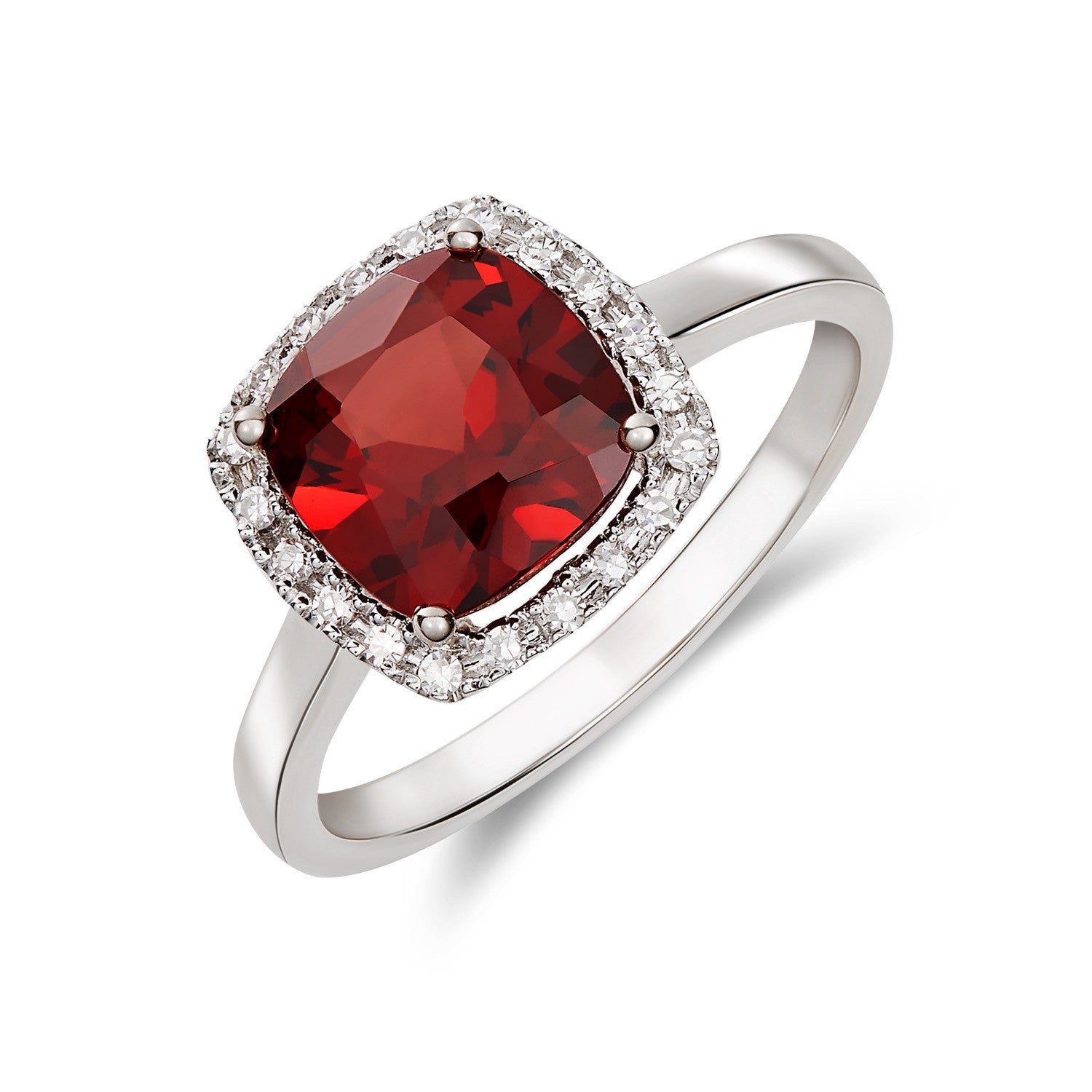 9CT WG 8MM CUSHION GARNET AND ROUND DIAMOND CLAW CLUSTER RING
