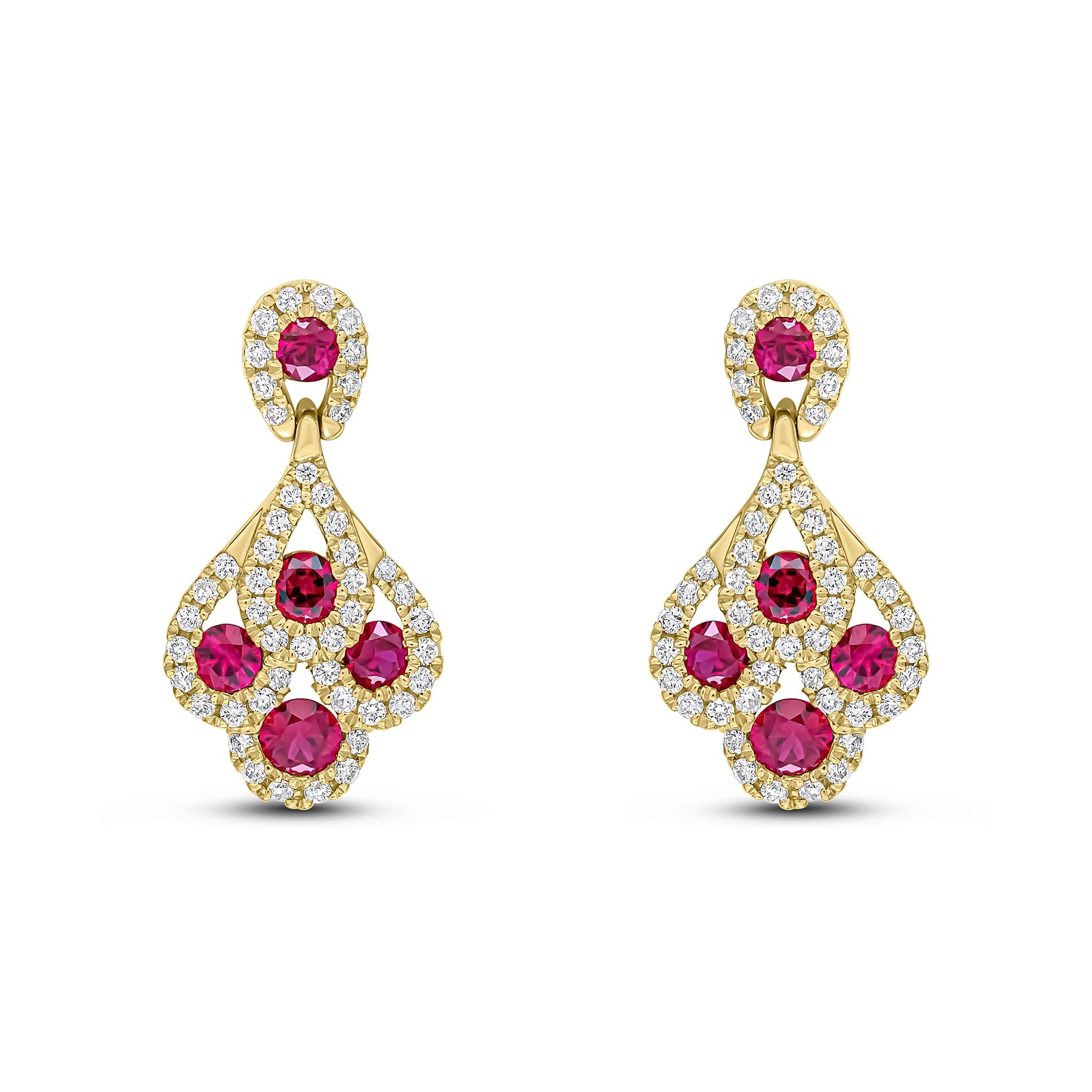 18CT YG ROUND RUBY AND DIAMOND 'PEACOCK' DROP EARRINGS