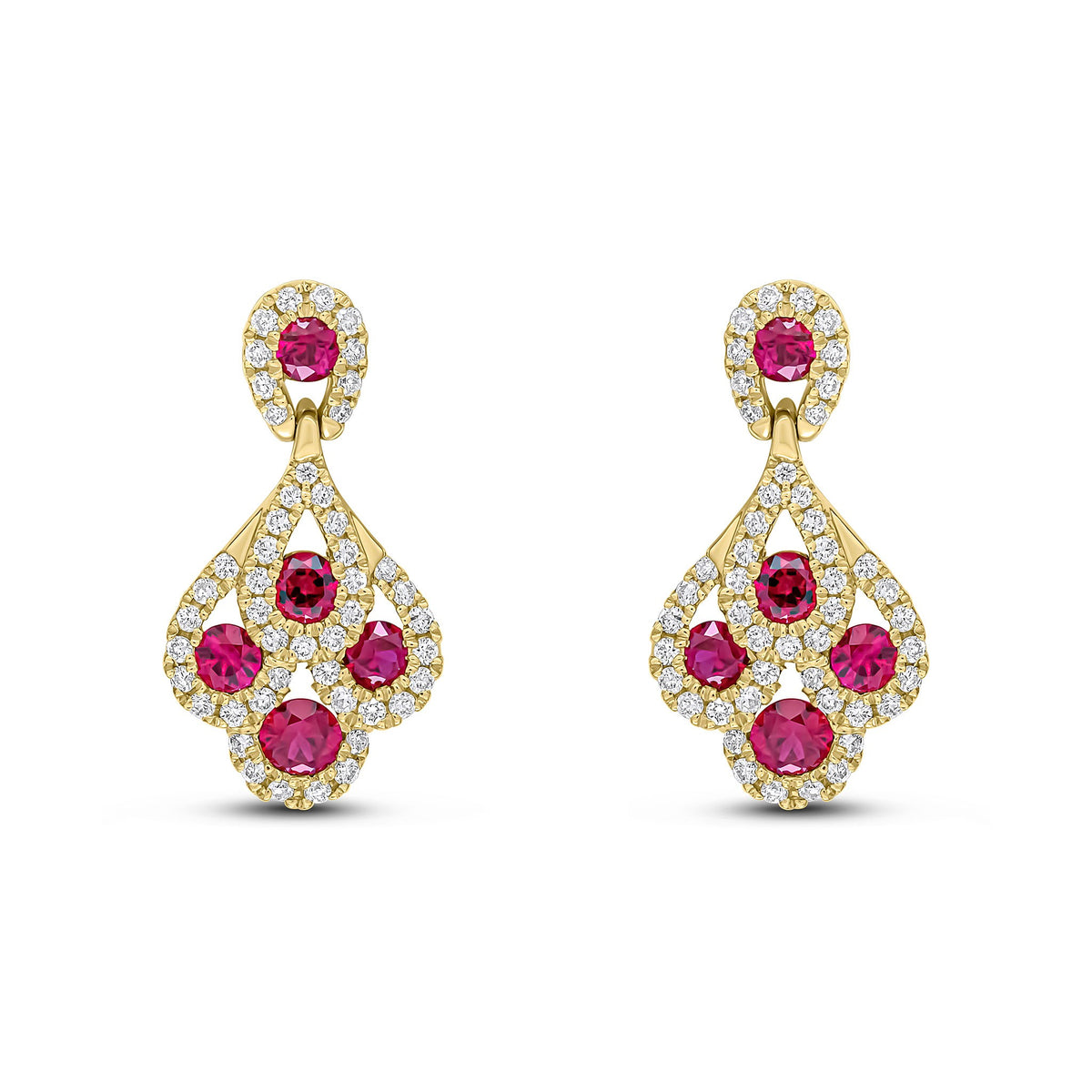 18CT YG ROUND RUBY AND DIAMOND 'PEACOCK' DROP EARRINGS