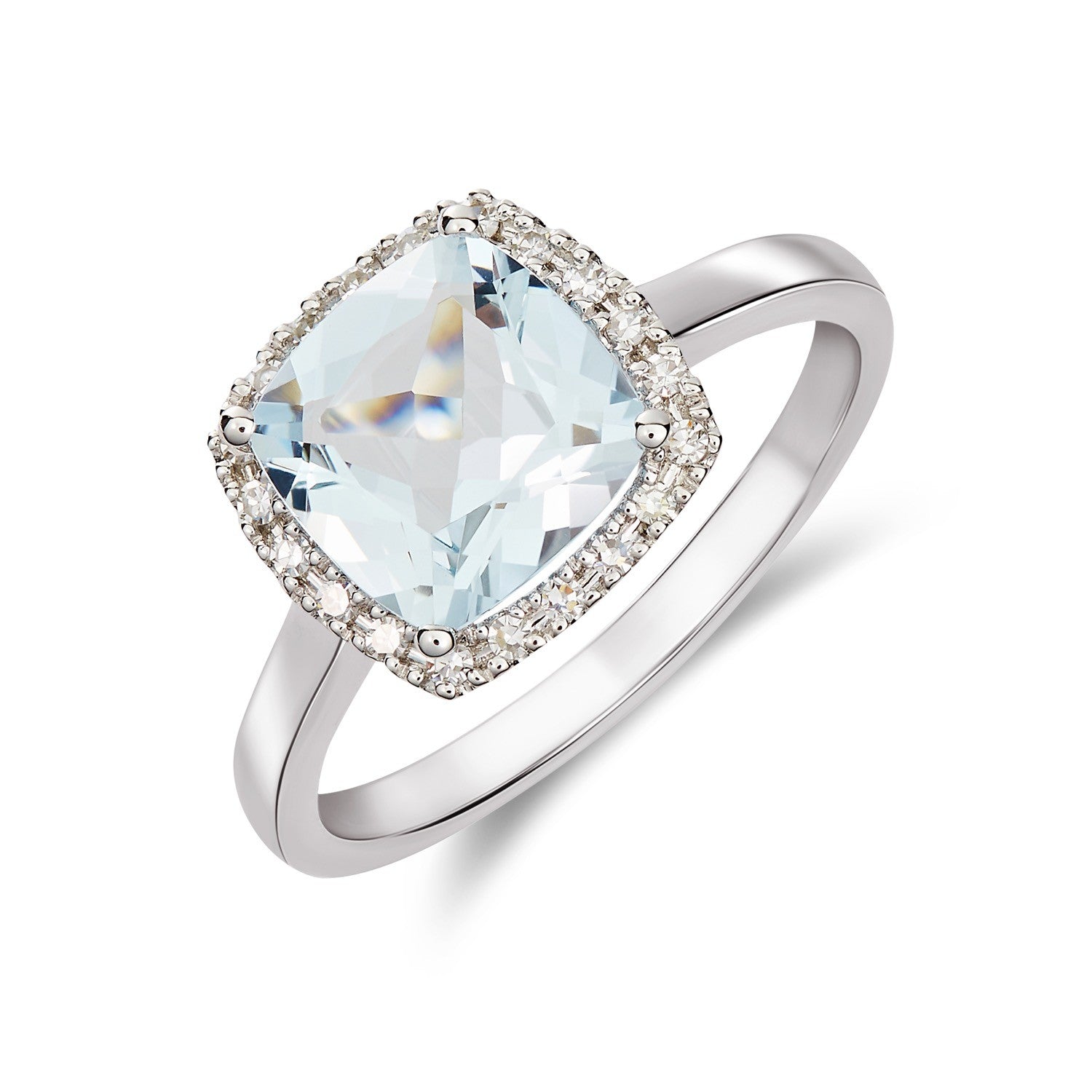 9CT WG 8MM CUSHION AQUA & ROUND DIAMOND CLAW CLUSTER RING