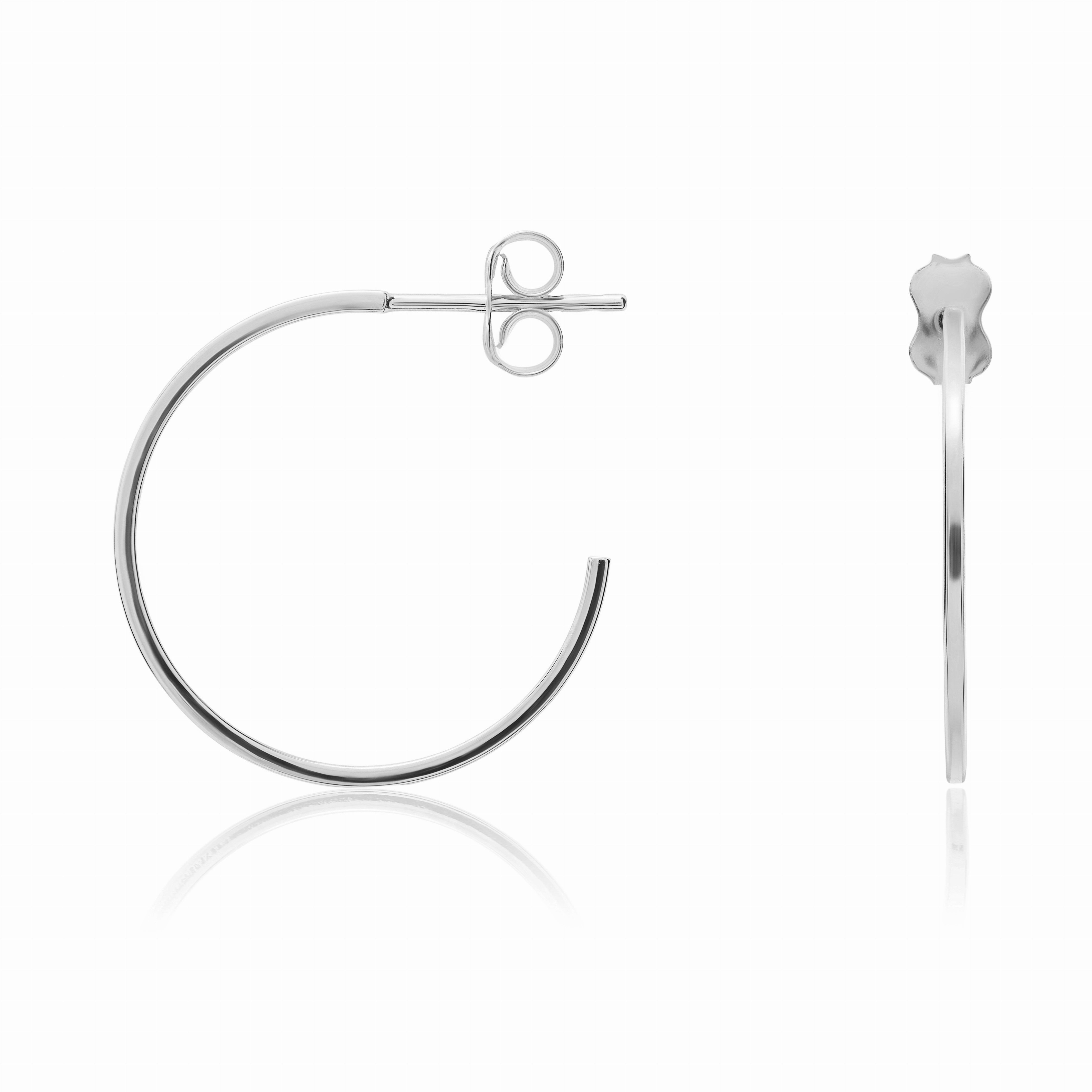 9CT WHITE GOLD THIN SQUARE TUBE PEG & SCROLL HOOP EARRINGS. 22MM DIAMETER