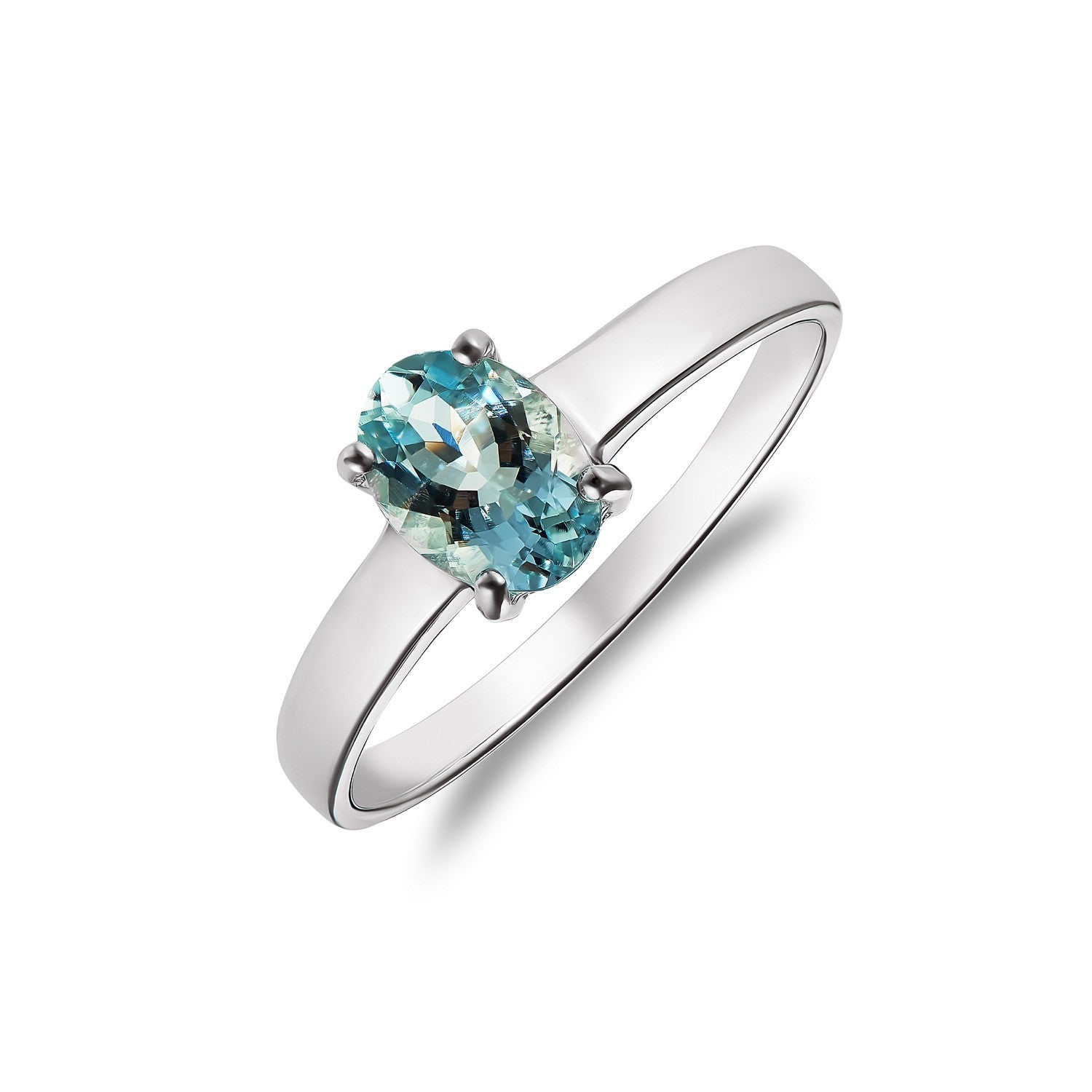 9CT WG 7X5MM OVAL AQUA 4 CLAW SINGLE STONE RING