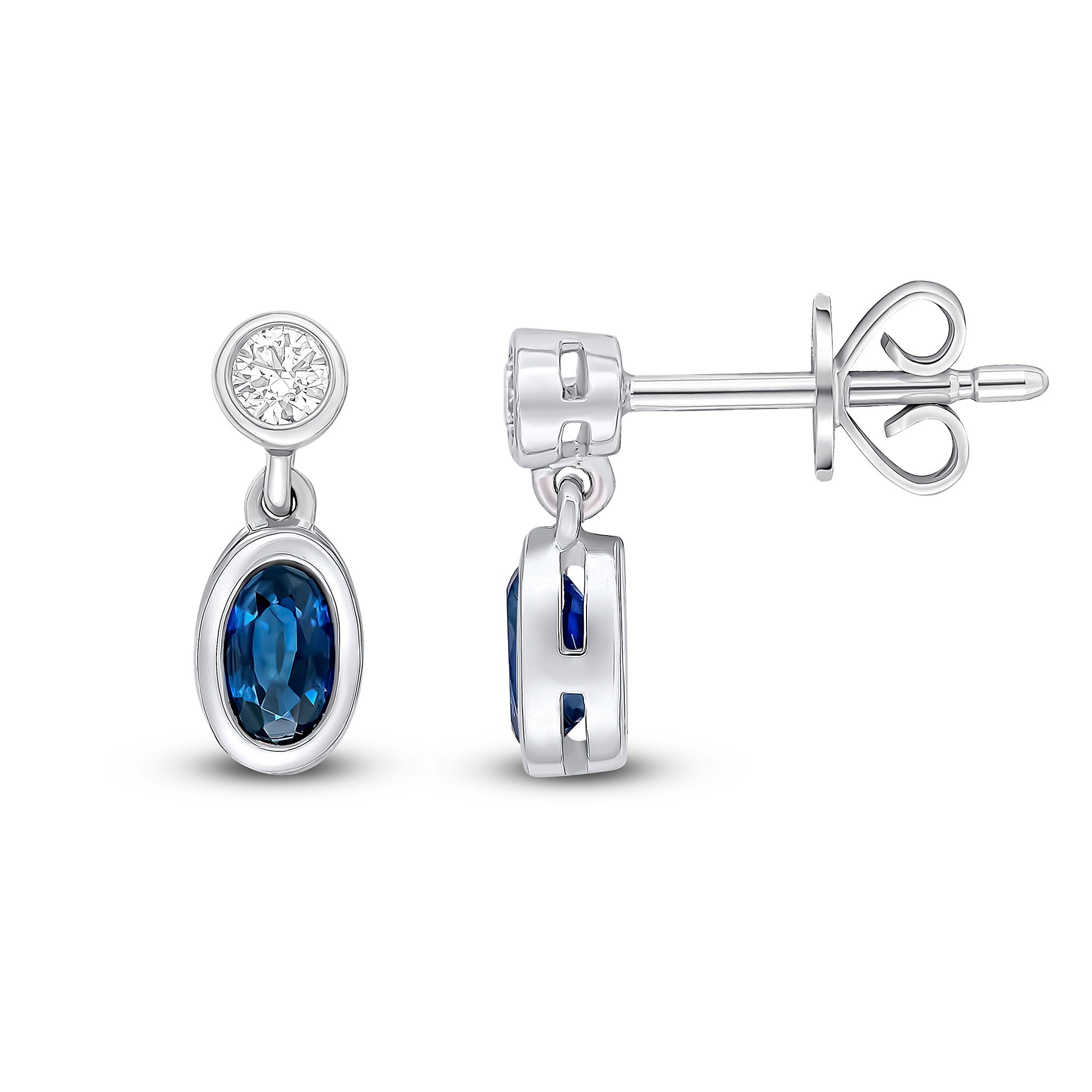 18CT WG OVAL SAPPHIRE AND ROUND DIAMOND 2ST RUBOVER DROP EARRINGS
