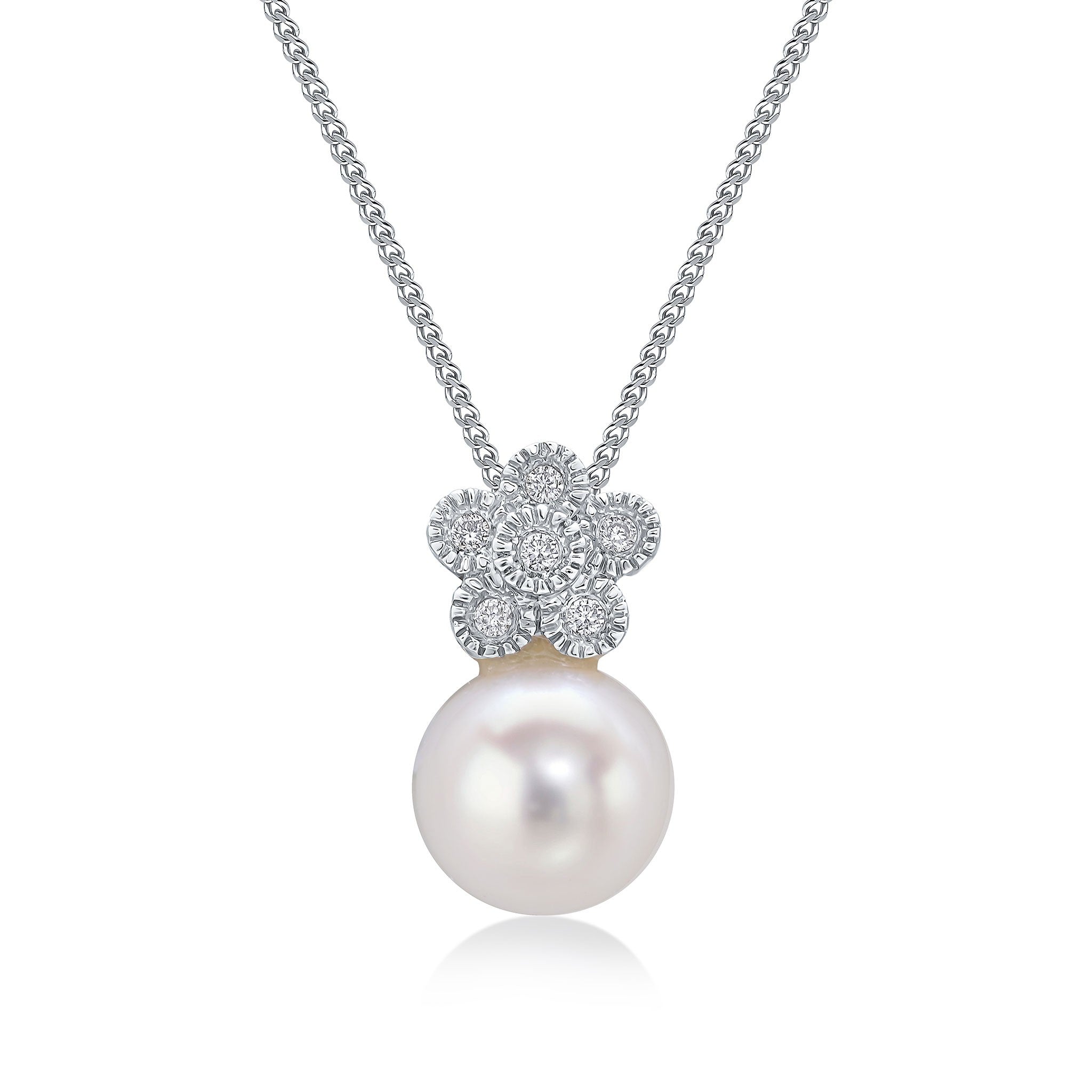 9CT WG DIAMOND MILLEGRAIN CLUSTER & FRESHWATER PEARL SLIDER PENDANT