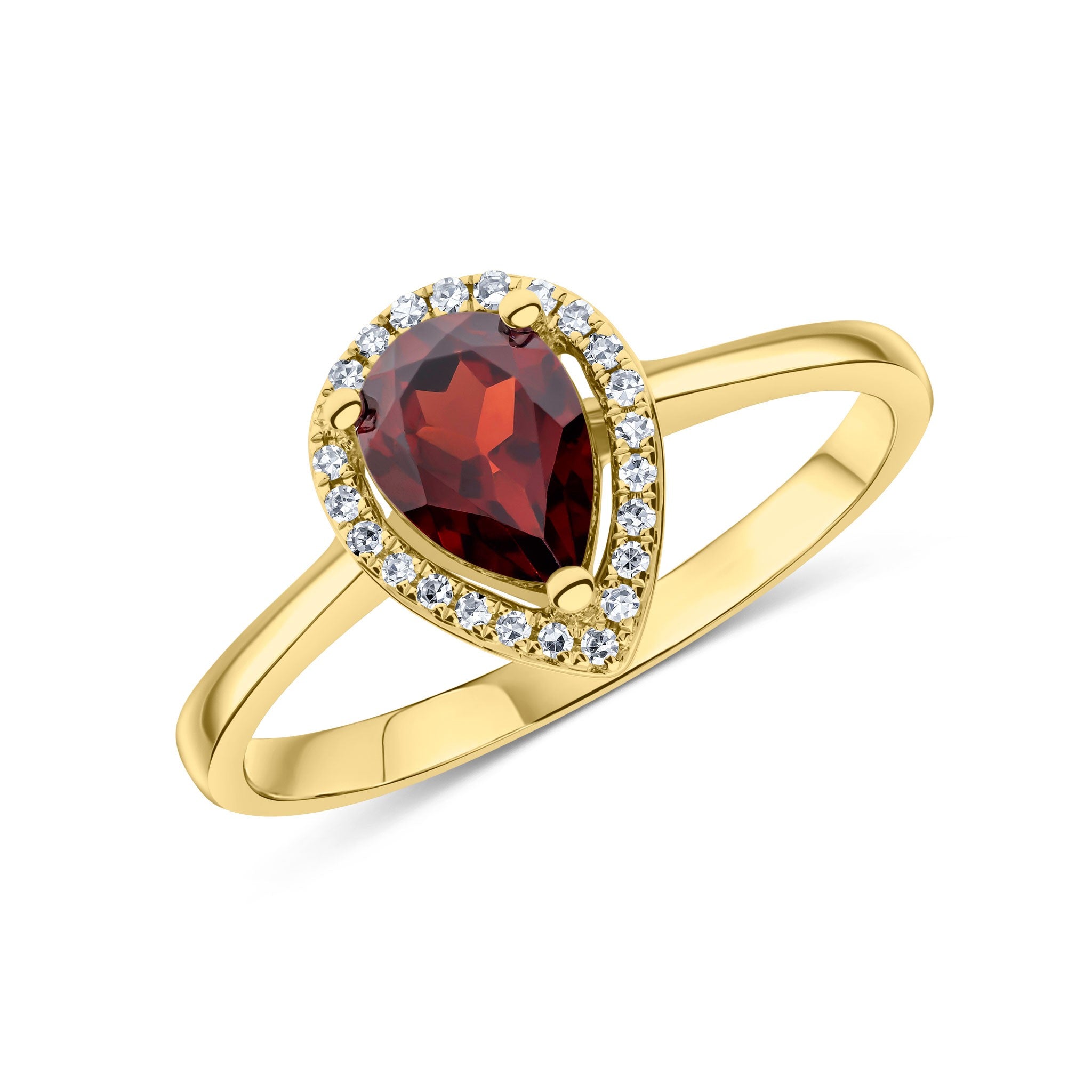 9CT YG 7X5 PEARSHAPE GARNET & ROUND DIAMOND CLAW SET HALO CLUSTER RING . RHODIUM TO DIAMONDS