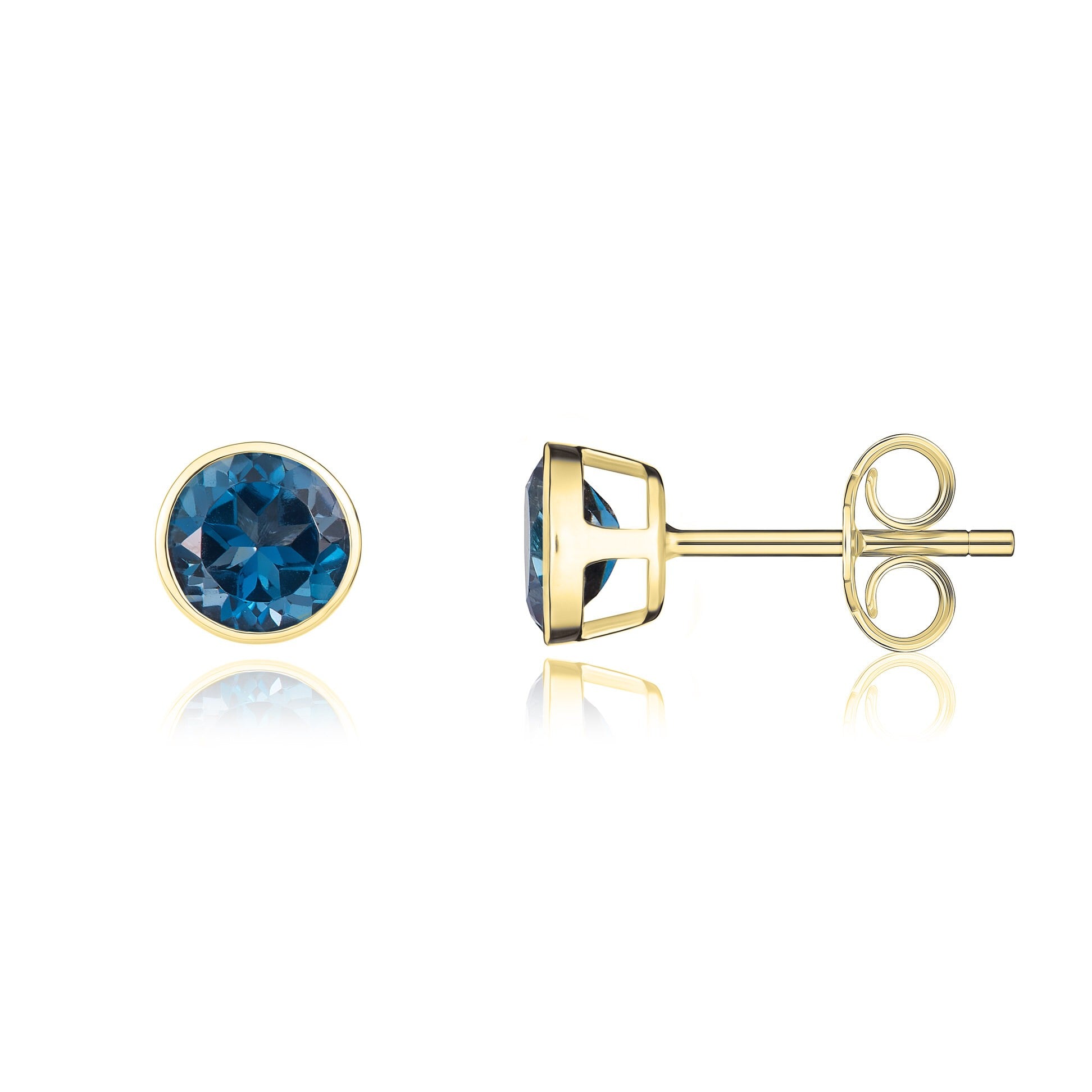 9CT YG 5MM ROUND LONDON BLUE TOPAZ RUBOVER STUD EARRINGS
