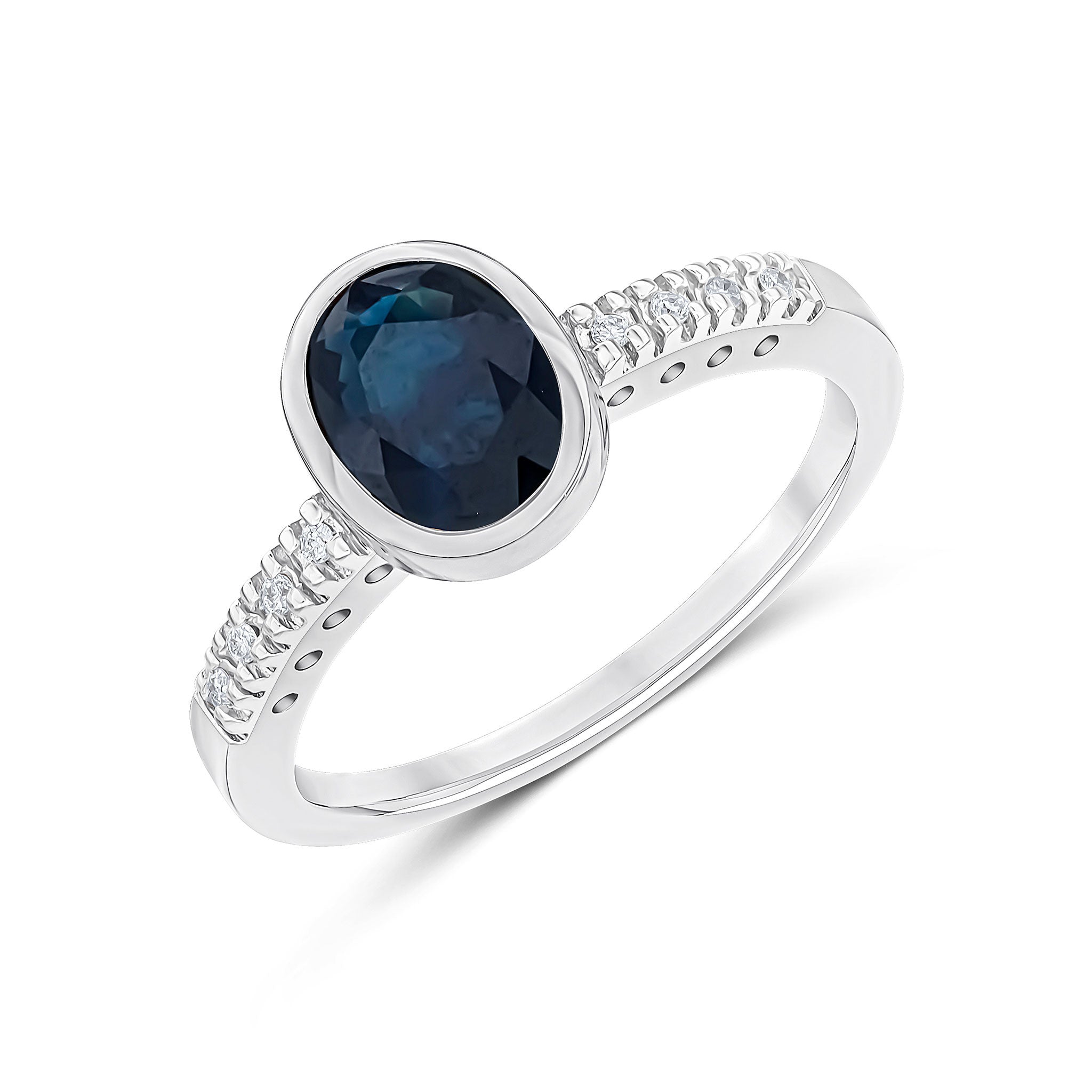 9CT WG RUBOVER 8X6 OVAL SAPPHIRE SINGLE STONE RING WITH CLAW SET DIAMOND SHOULDERS