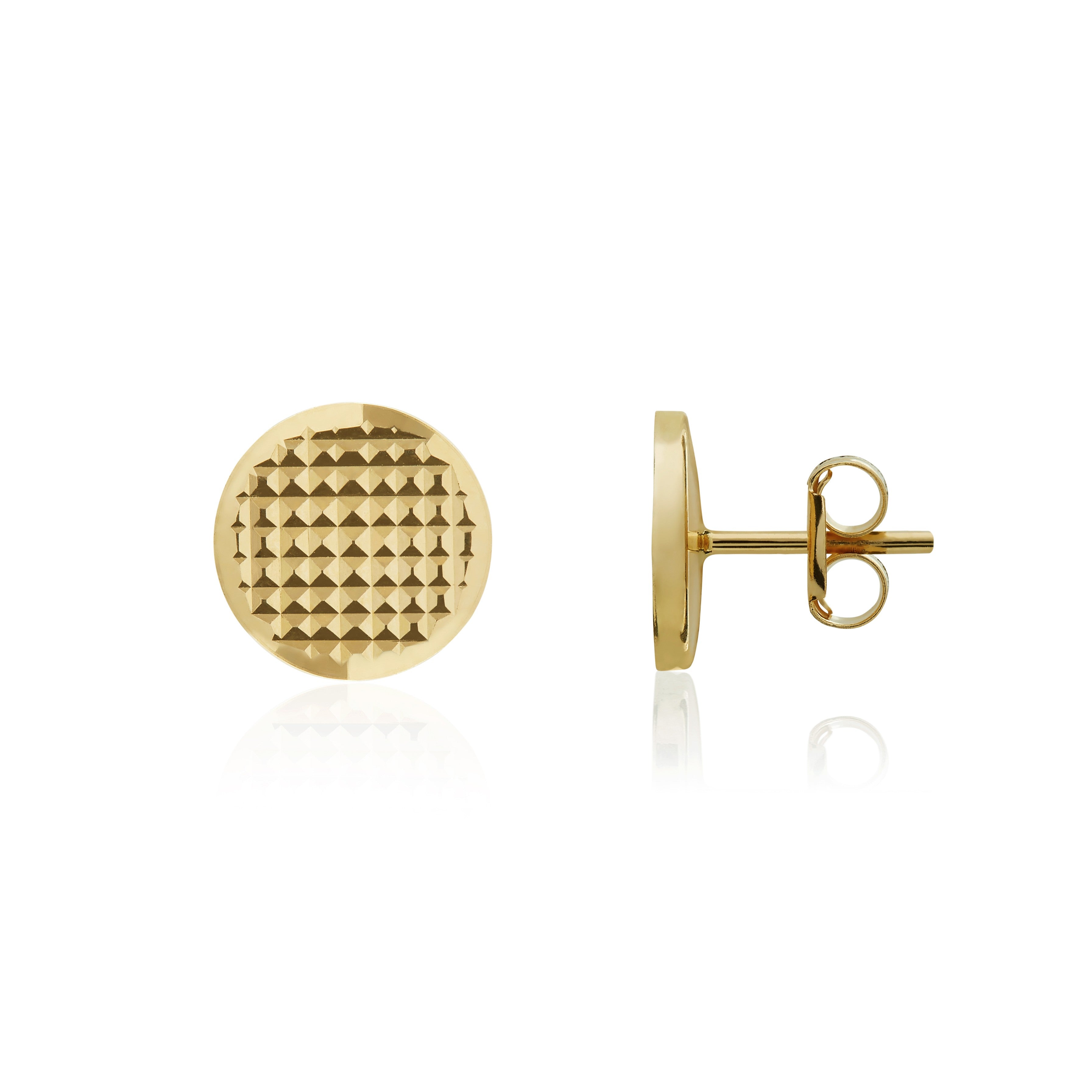 18CT YG 6.5MM FLAT ENGINE-TURNED DISC EARRINGS WITH POLISHED BEVELLED EDGE