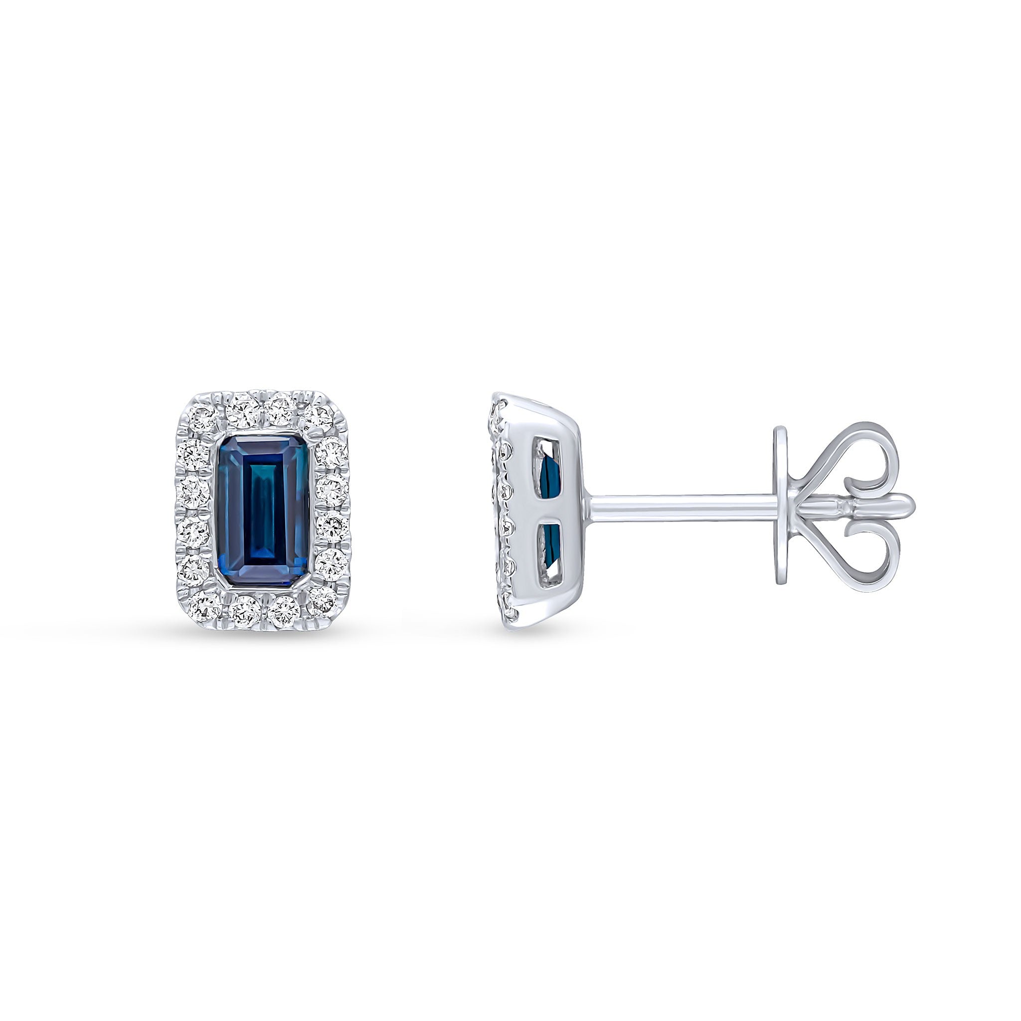 18CT WG 5X3 OCTAGON SAPPHIRE & DIAMOND MICROSET CLUSTER EARRINGS