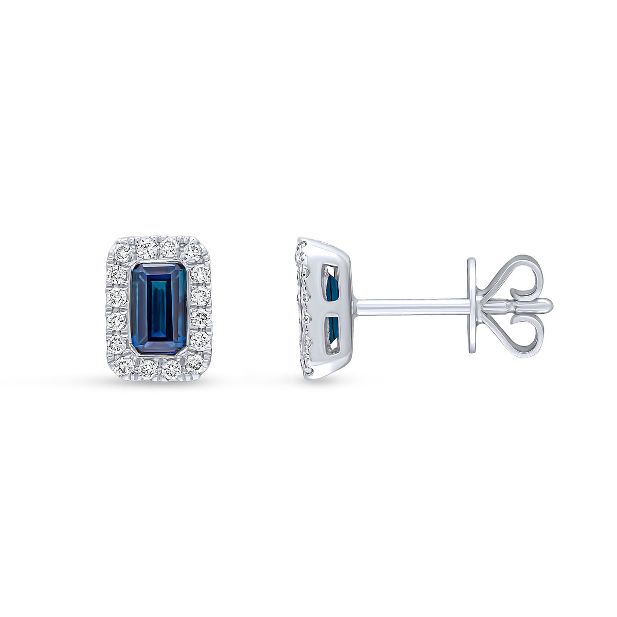 18CT WG 5X3 OCTAGON SAPPHIRE & DIAMOND MICROSET CLUSTER EARRINGS