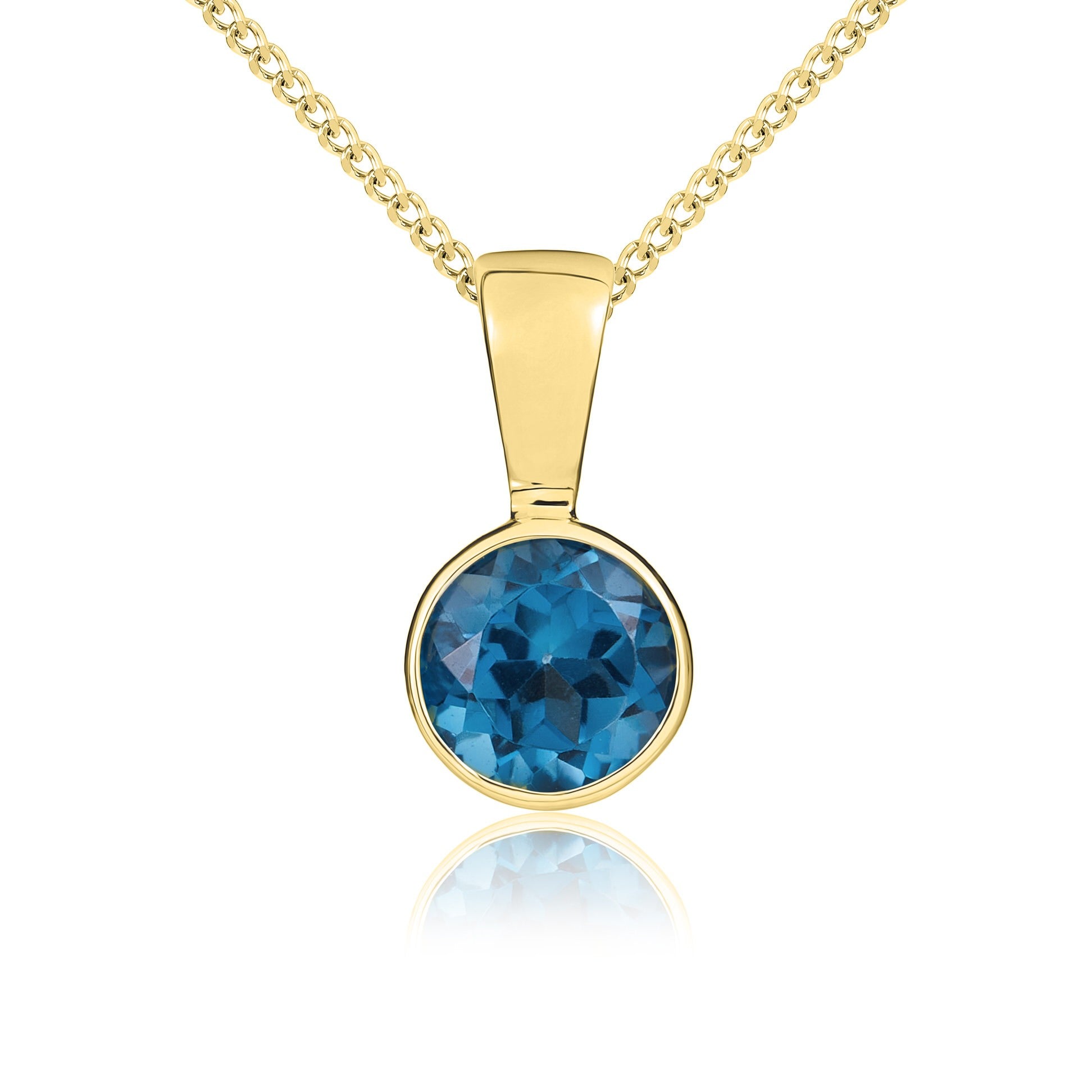 9CT YG 5MM ROUND LONDON BLUE TOPAZ RUBOVER SET PENDANT