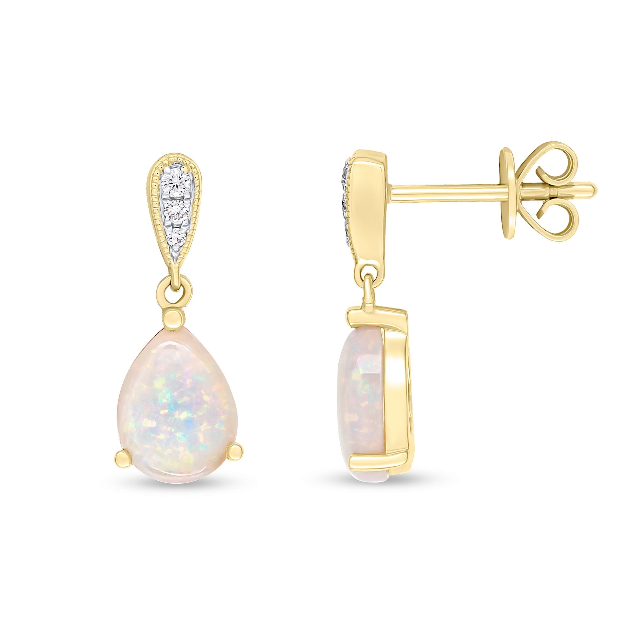 18CT YG 8X6MM PEARSHAPE OPAL & DIAMOND BAR TOP DROP EARRINGS