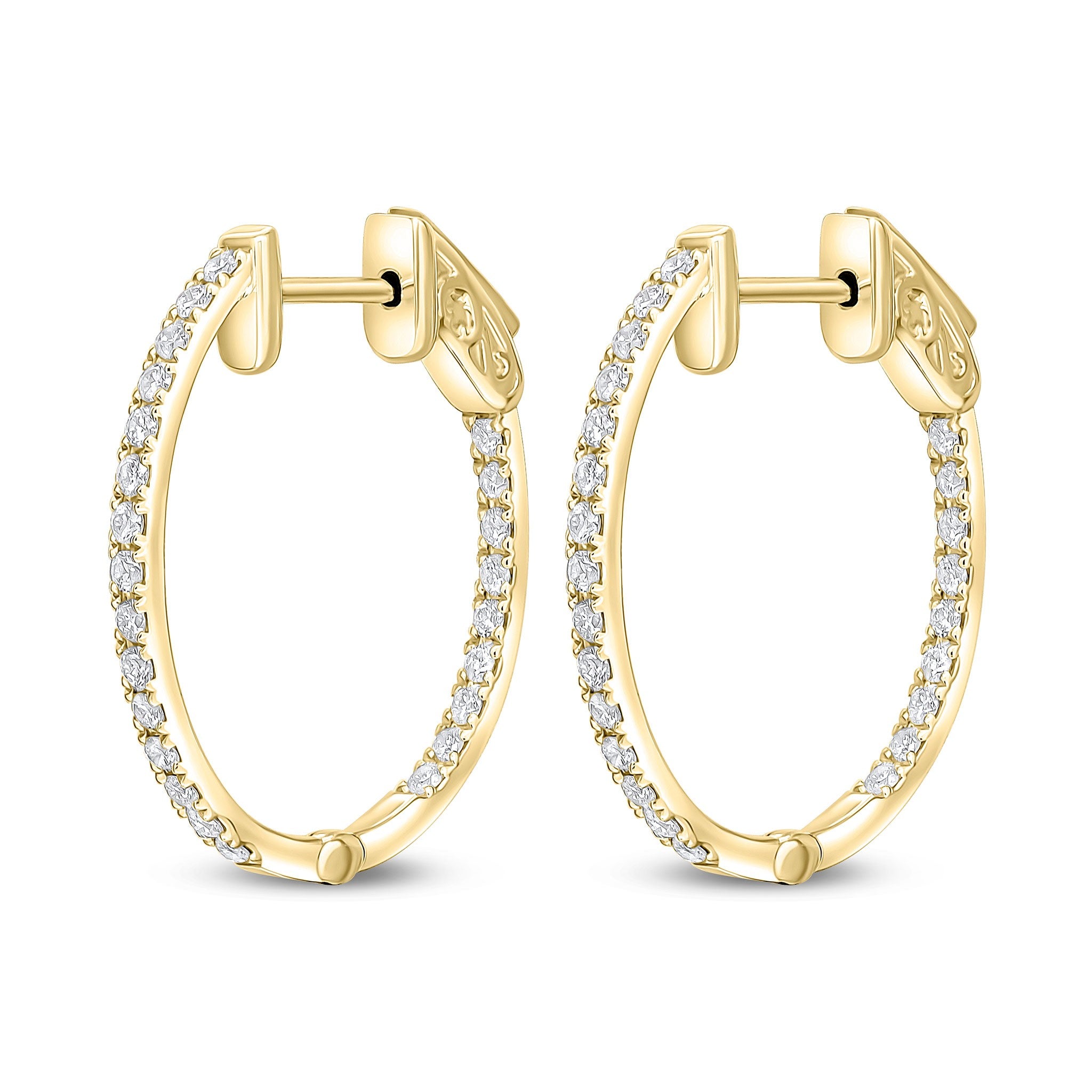 18CT YG ROUND DIAMOND CLAW SET OVAL FULL HOOP EARRINGS. 0.51CT