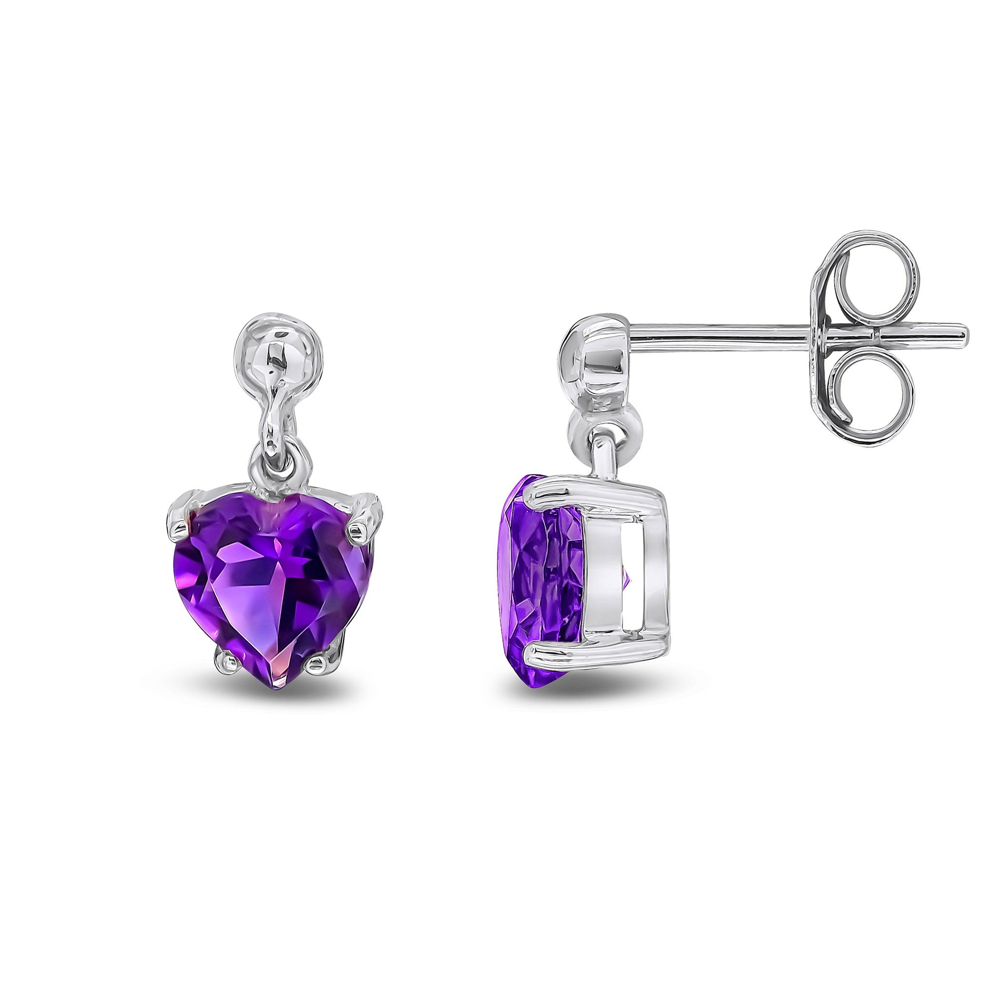 9CT WG 6MM HEART-SHAPE AMETHYST CLAW SET DROP EARRINGS WITH 3MM BEAD TOP