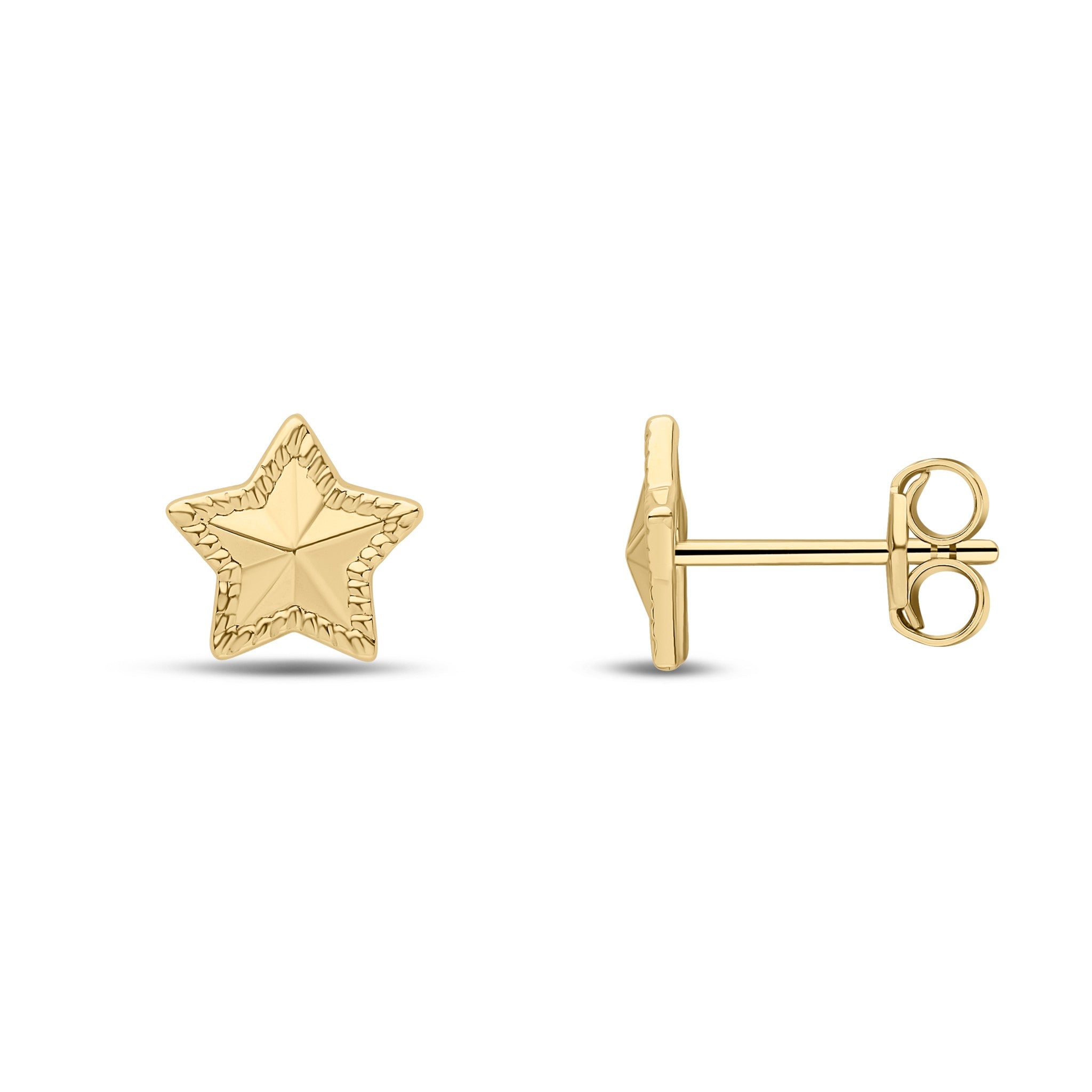 9CT YG STAR STUD EARRINGS WITH POINTED CENTRE. 7.8MM