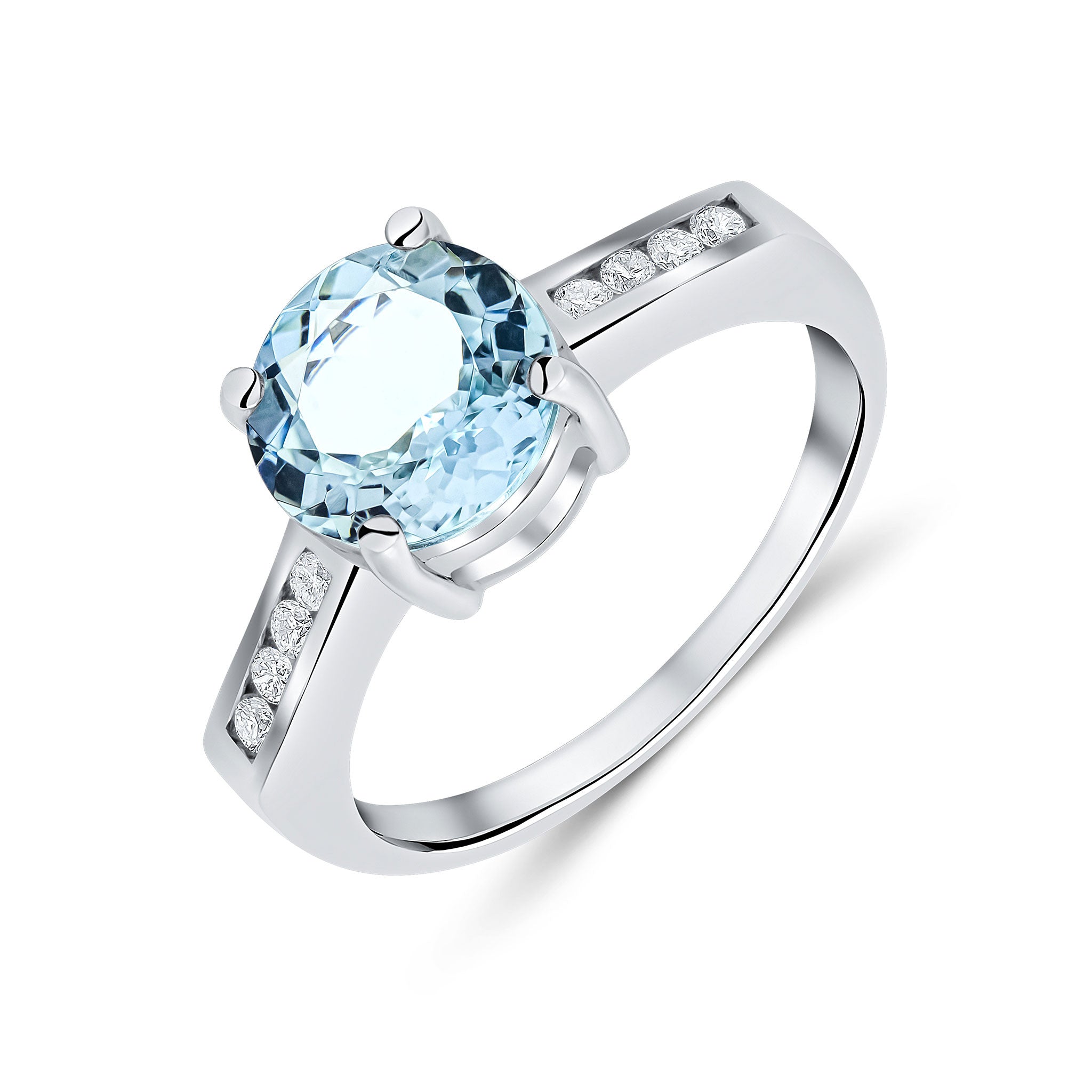9CT WG CLAW SET 8MM ROUND AQUA SINGLE STONE RING WITH CHANNEL SET DIAMOND SHOULDERS