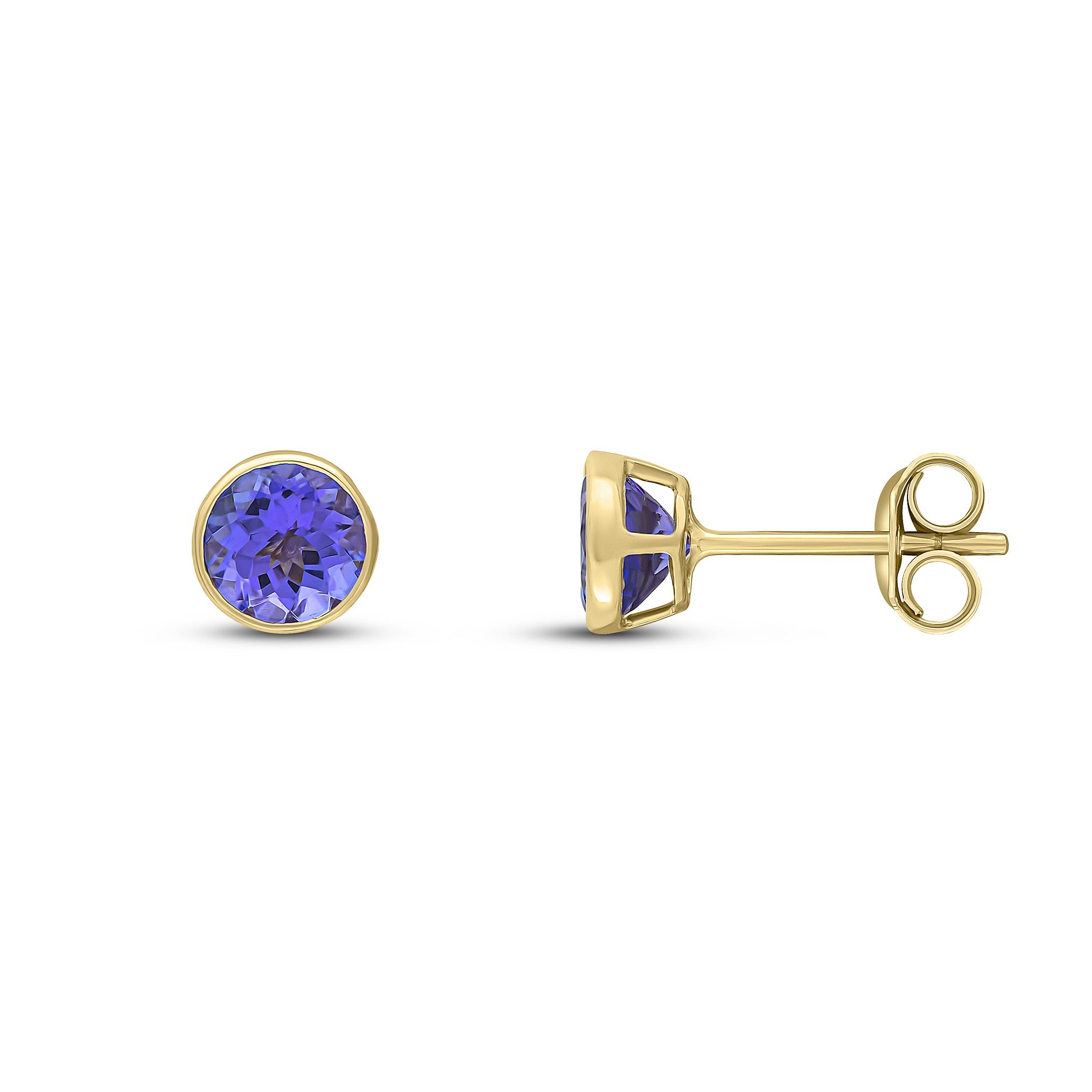 9CT YG 5MM ROUND TANZANITE RUBOVER STUD EARRINGS