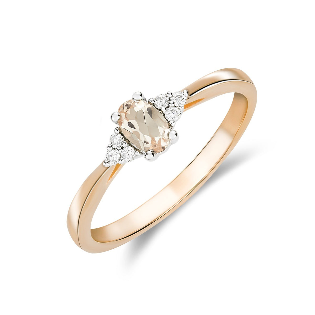 9CT RWG 6X4 OVAL MORGANITE & ROUND DIAMOND TREFOIL SHOULDERS RING