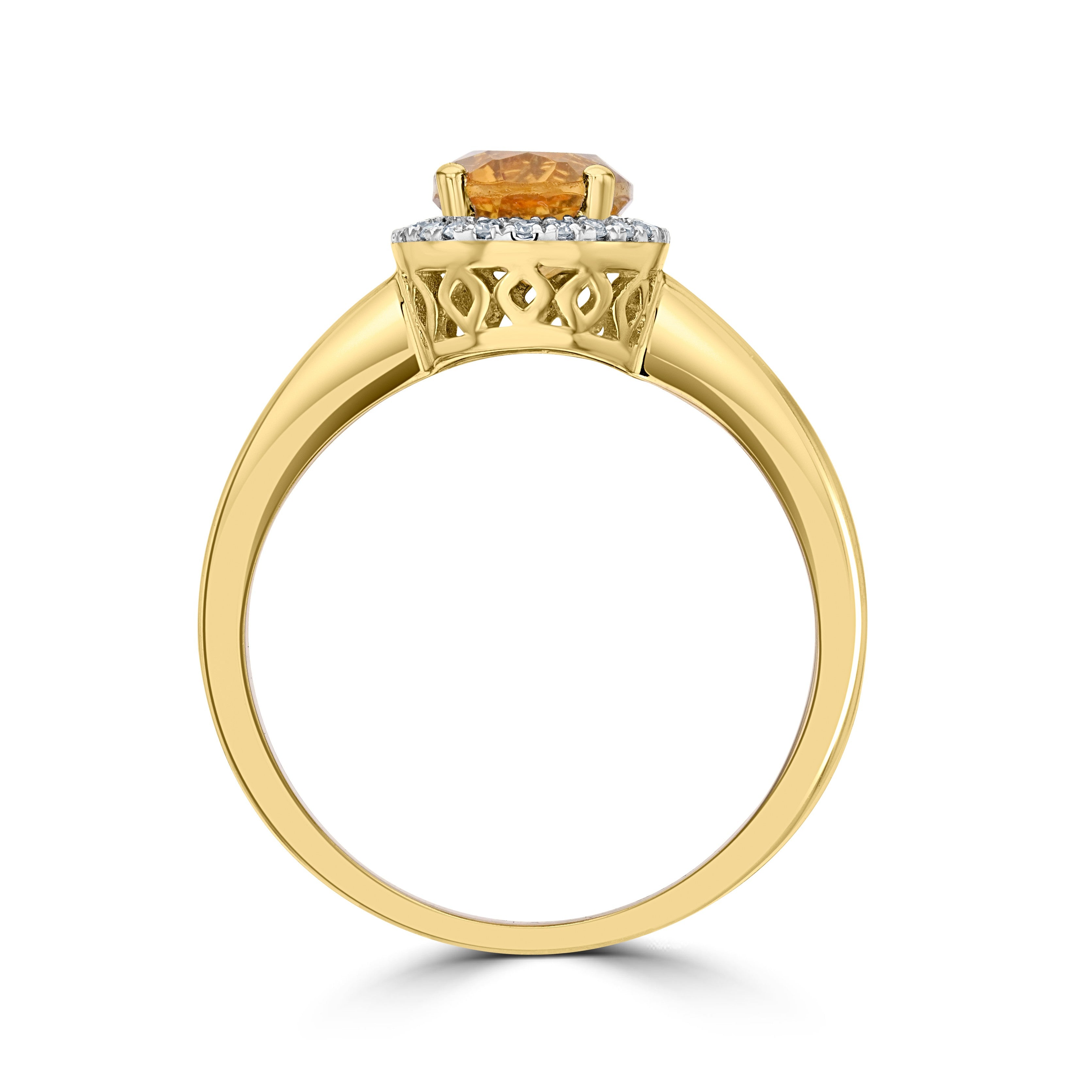 9CT YG 8X6 OVAL CITRINE AND DIAMOND CLAW SET CLUSTER RING. RHODIUM TO DIAMONDS