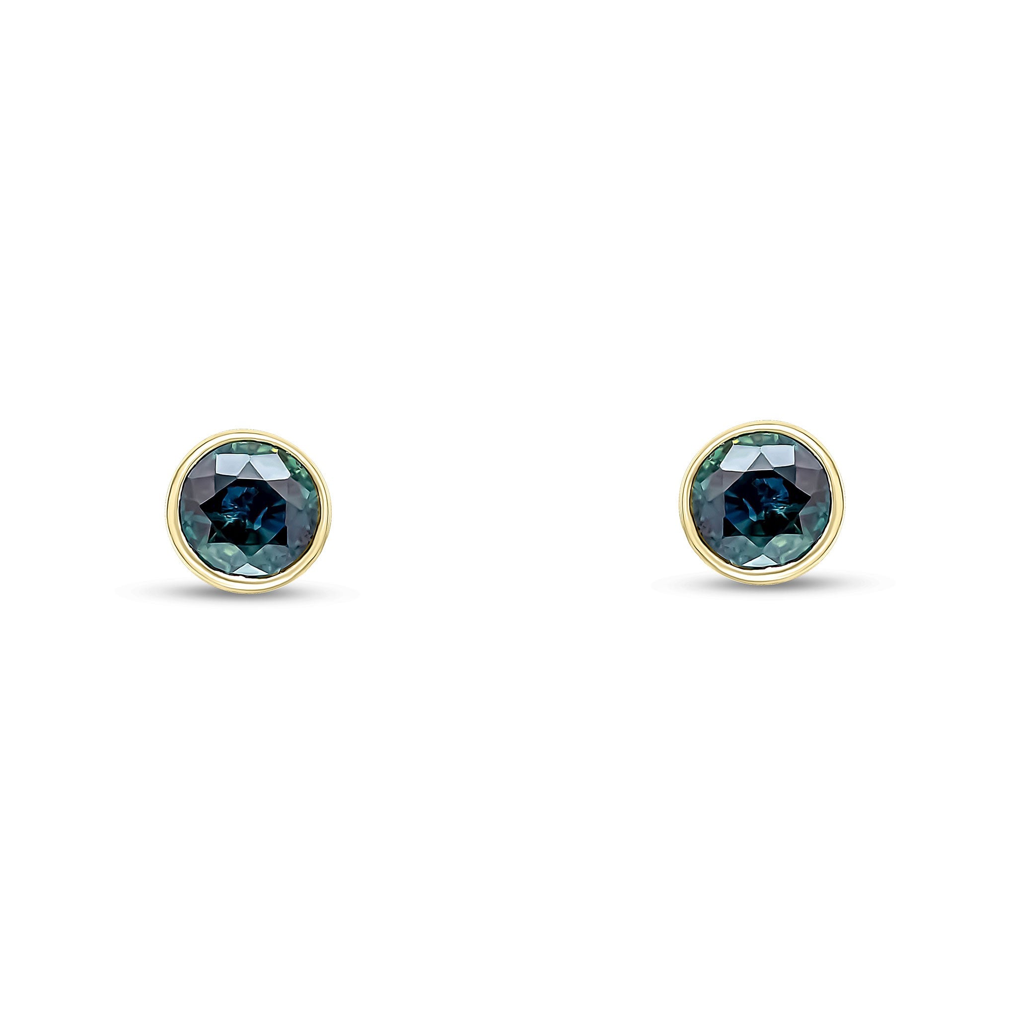 9CT YG 5MM ROUND SAPPHIRE RUBOVER STUD EARRINGS