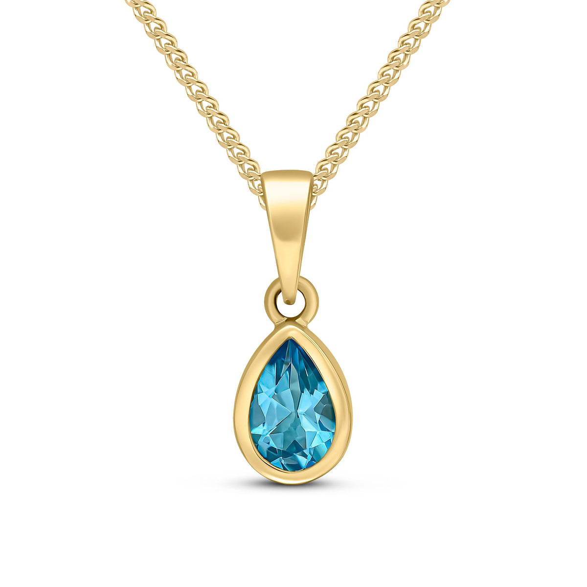 9CT YG 6X4 PEARSHAPE SWISS BLUE TOPAZ RUBOVER SET PENDANT