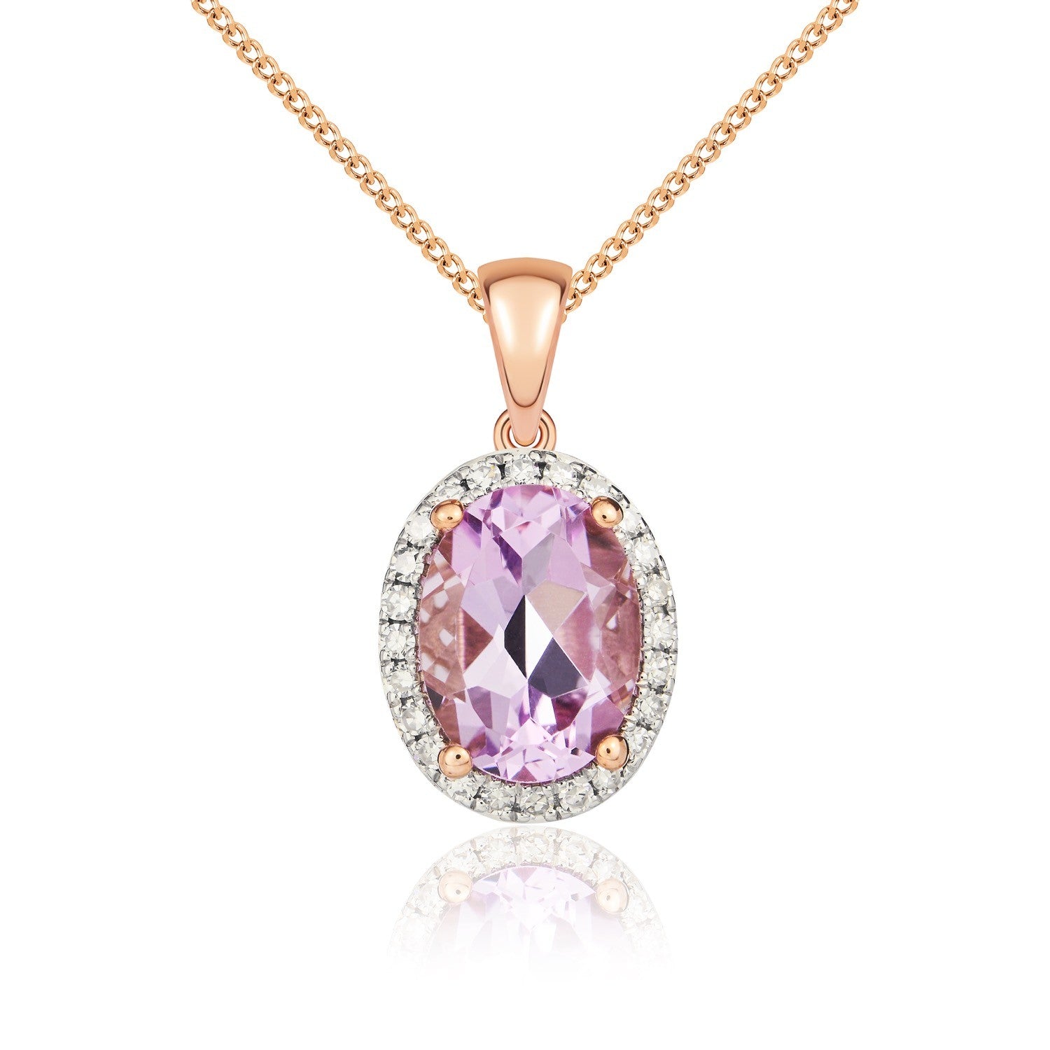 9CT RG 8X6MM OVAL PINK AMETHYST & DIAMOND CLAW SET CLUSTER PENDANT. RHODIUM TO DIAMONDS