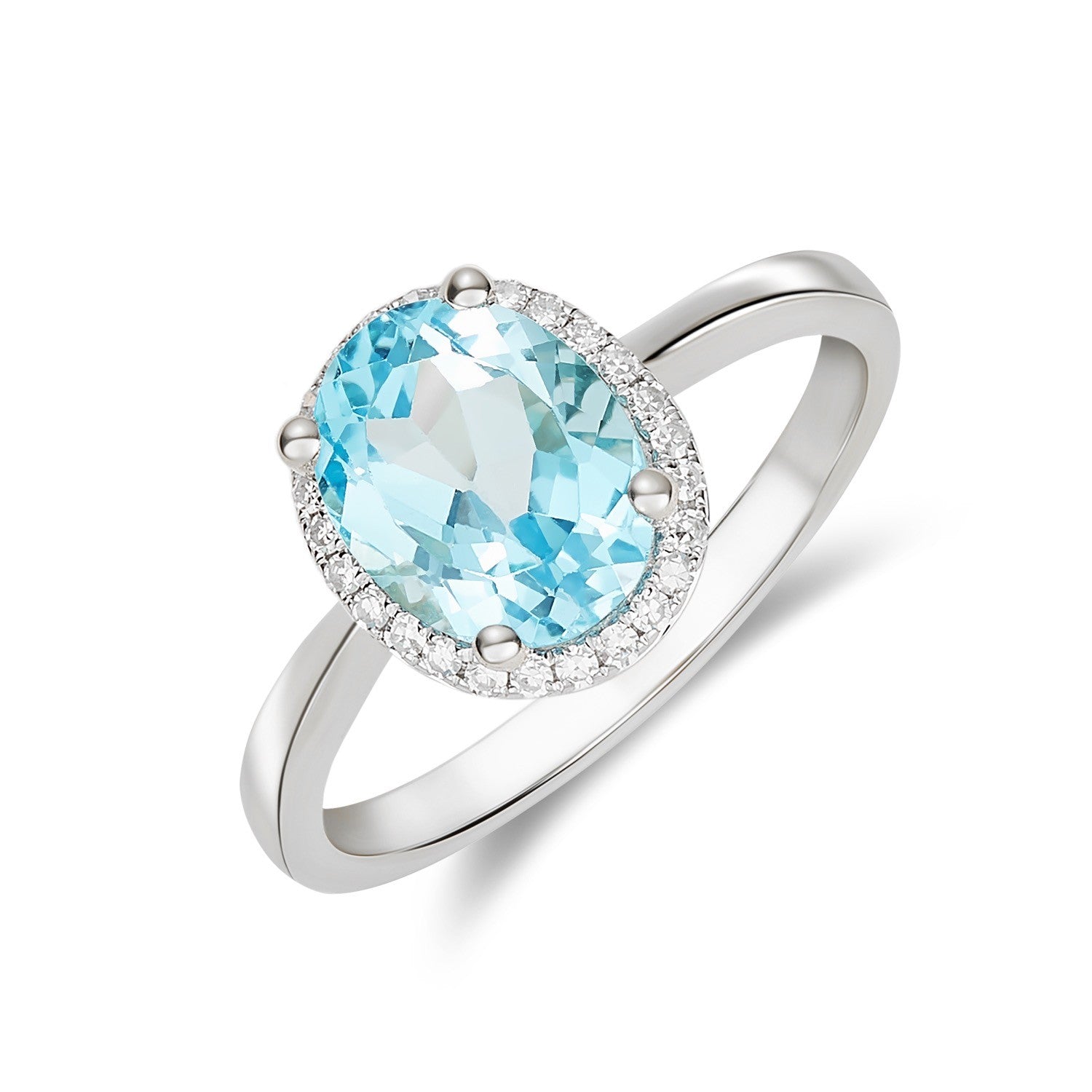 9CT WG 9X7 OVAL SWISS BLUE TOPAZ AND DIAMOND CLAW SET CLUSTER RING