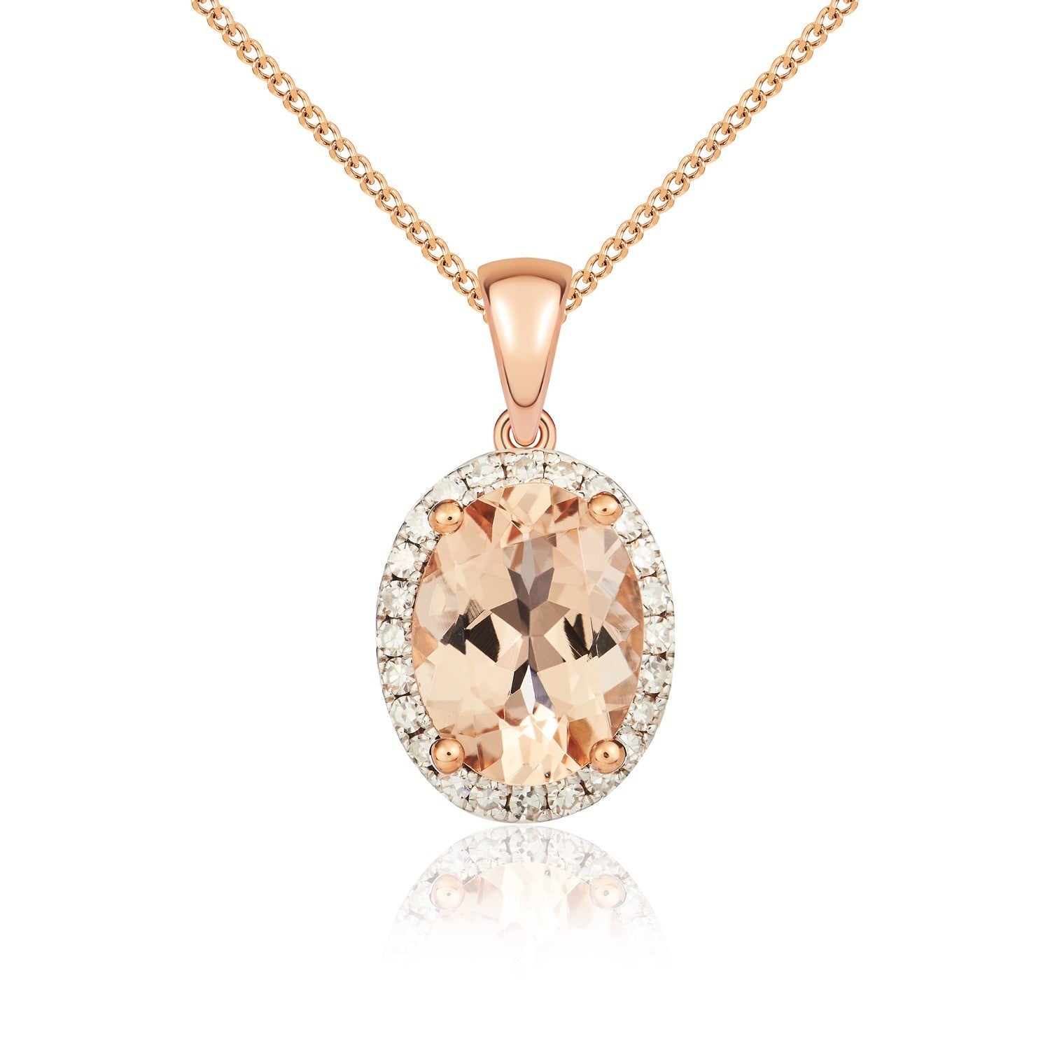9CT RG 8X6 OVAL MORGANITE & DIAMOND CLAW SET CLUSTER PENDANT. RHODIUM TO DIAMONDS