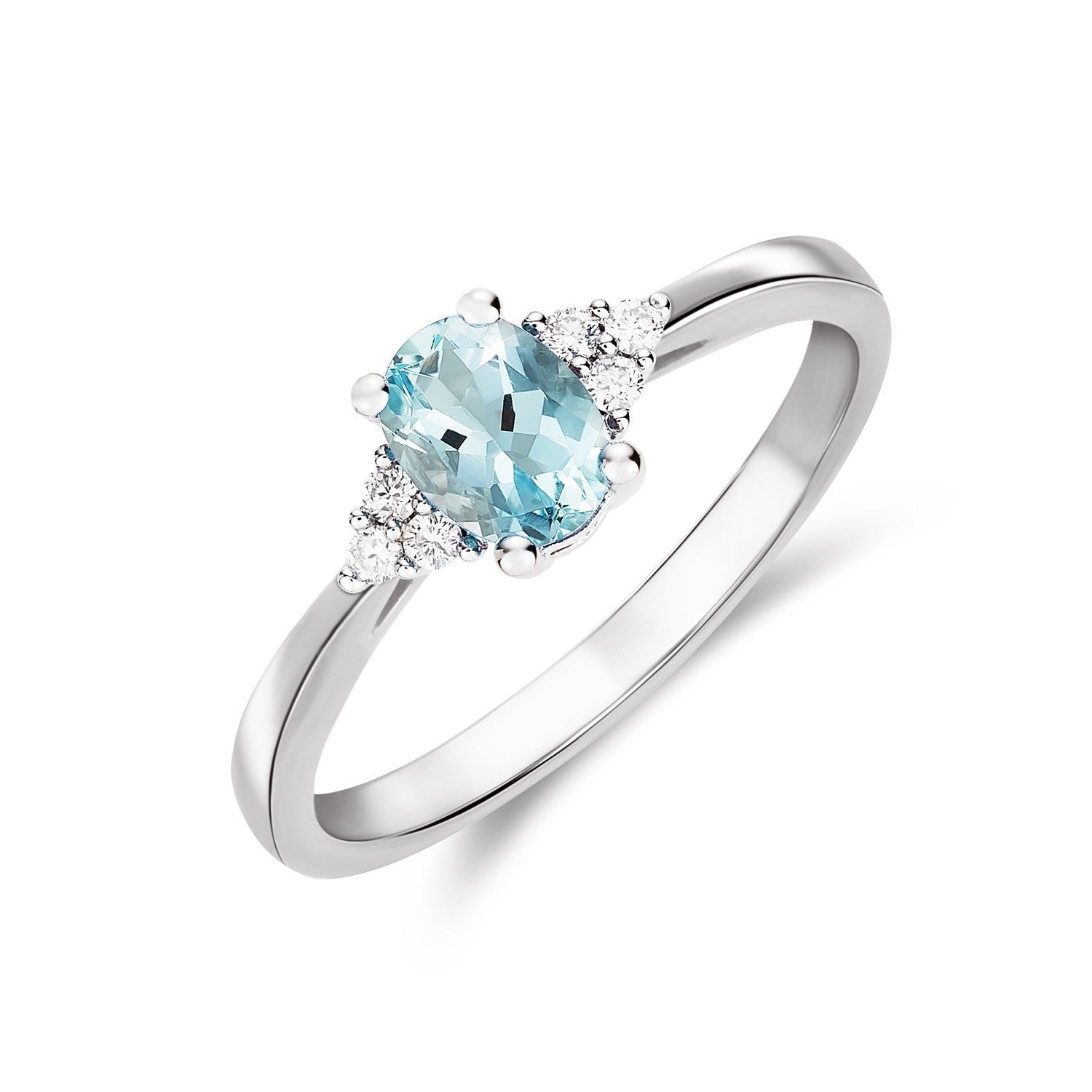 9CT WG 7X5 OVAL AQUA & DIAMOND TREFOIL SHOULDERS RING