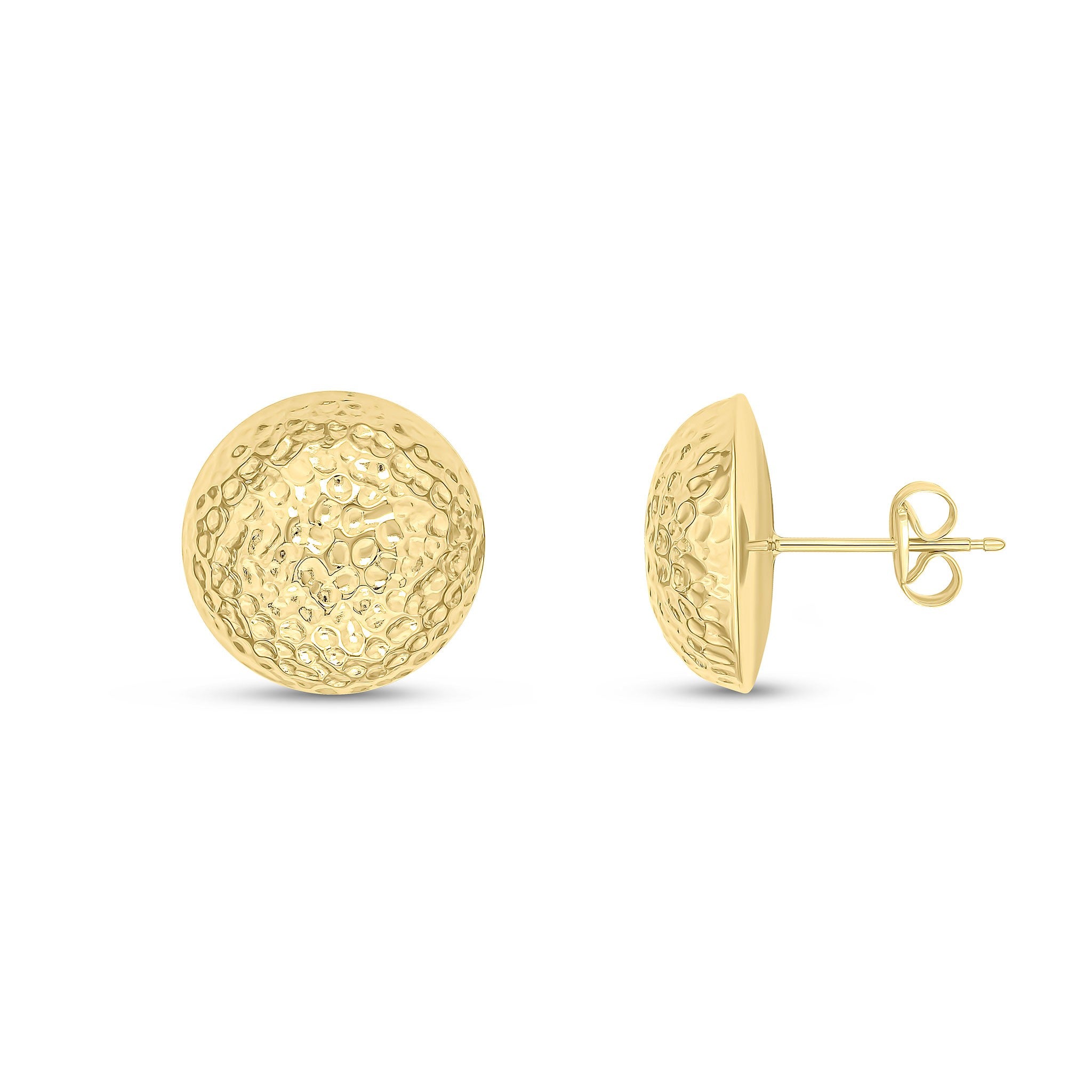 9CT YELLOW GOLD HAMMERED FINISH 14MM HALF DOME STUD EARRINGS