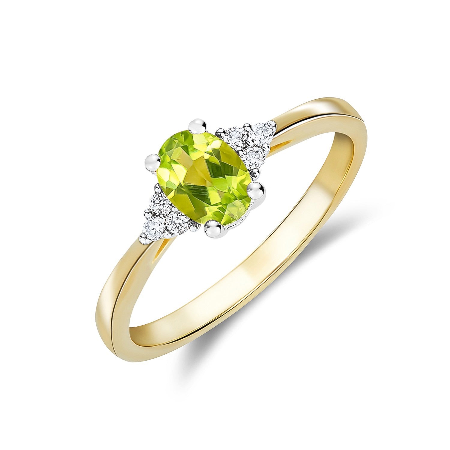 9CT YWG 7X5 OVAL PERIDOT & DIAMOND TREFOIL SHOULDERS RING