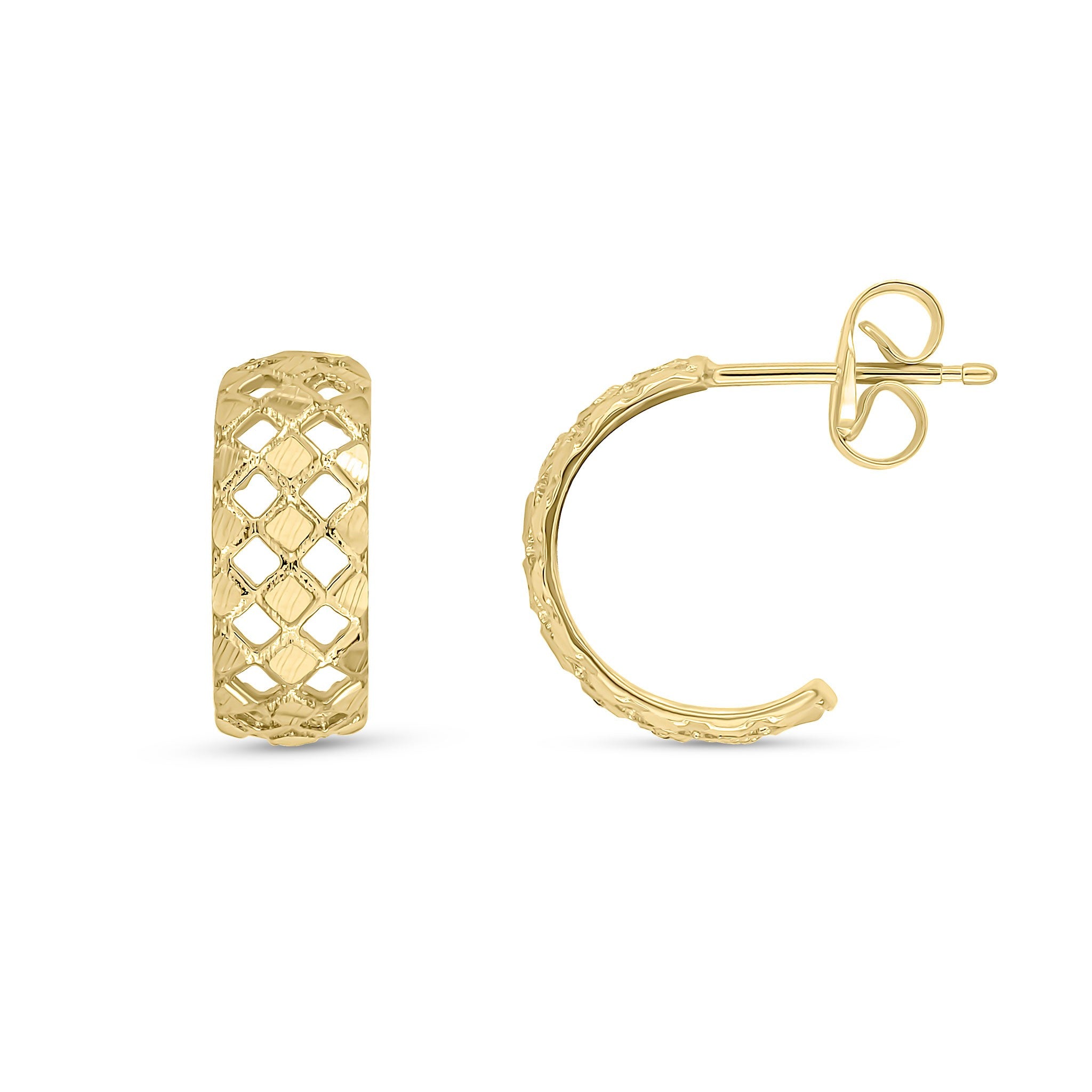 9CT YELLOW GOLD PIERCED OUT HALF HOOP EARRINGS WITH PEG AND SCROLL FITTINGS