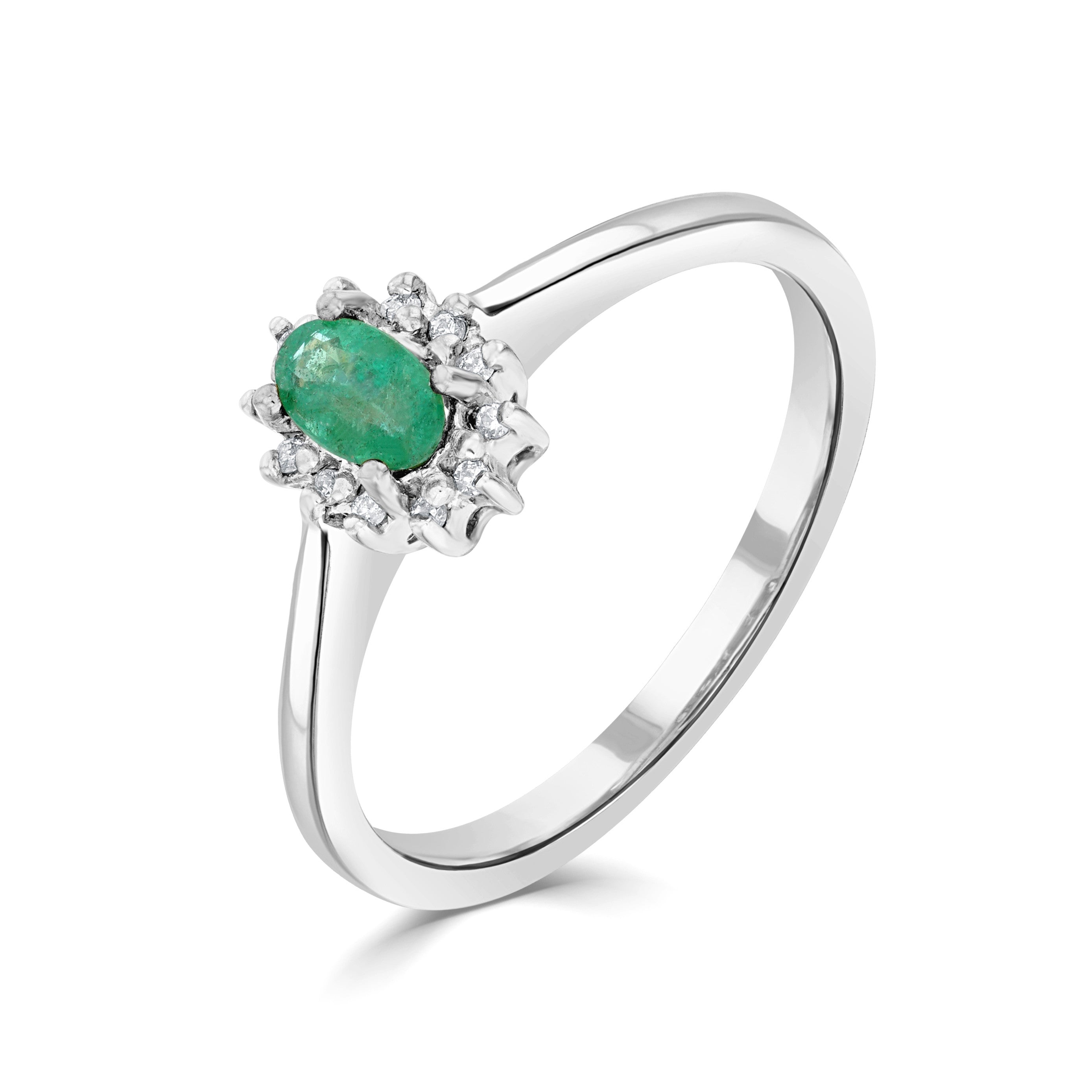 9CT WG 5X3 OVAL EMERALD & DIAMOND CLAW SET CLUSTER RING