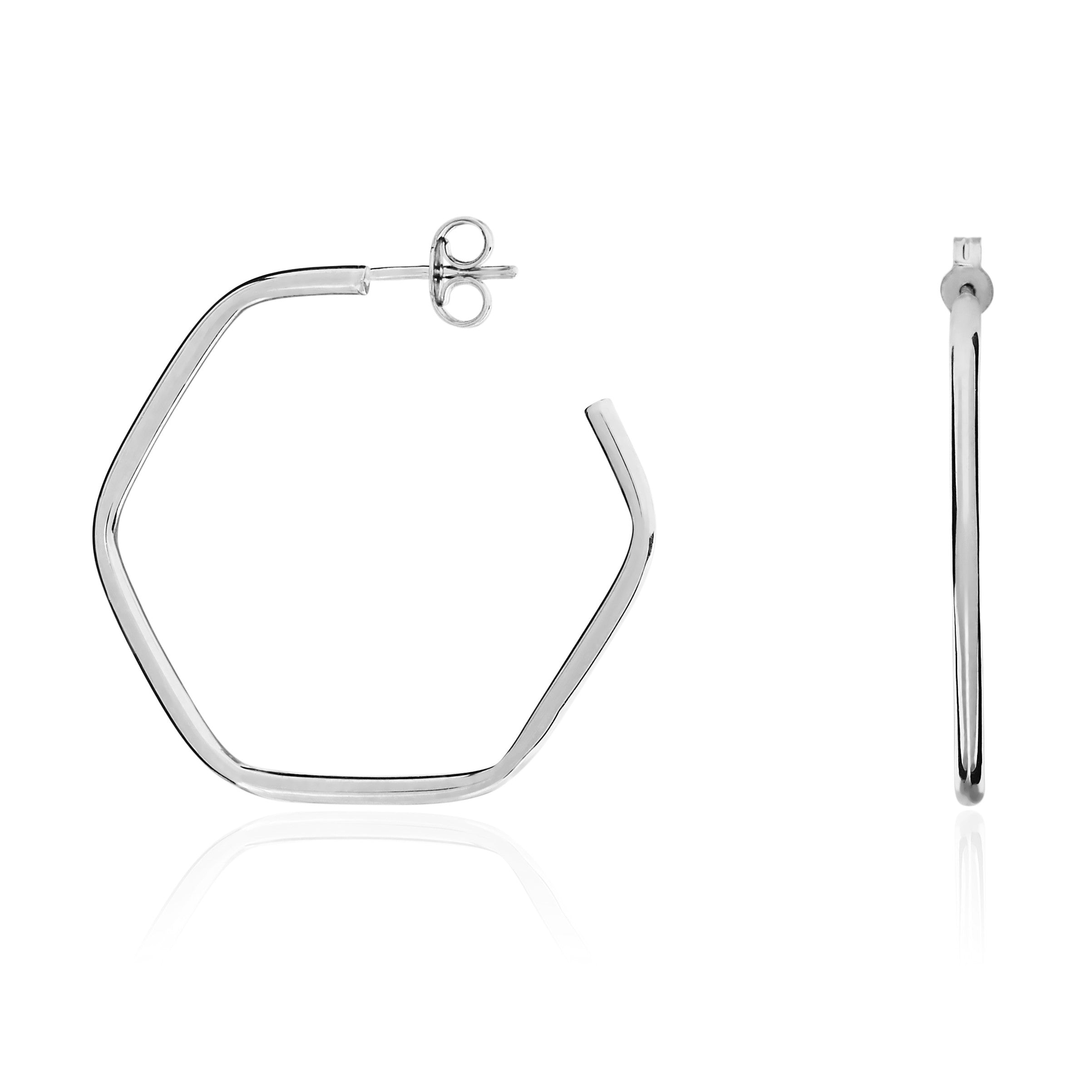 9CT WG HEXAGON SHAPE HOOP EARRINGS WITH PEG AND SCROLL FITTINGS
