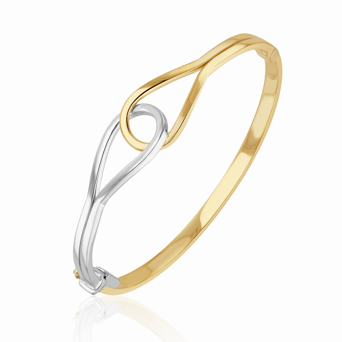 9CT YELLOW AND WHITE GOLD POLISHED 'STIRRUP' HOLLOW HINGED BANGLE